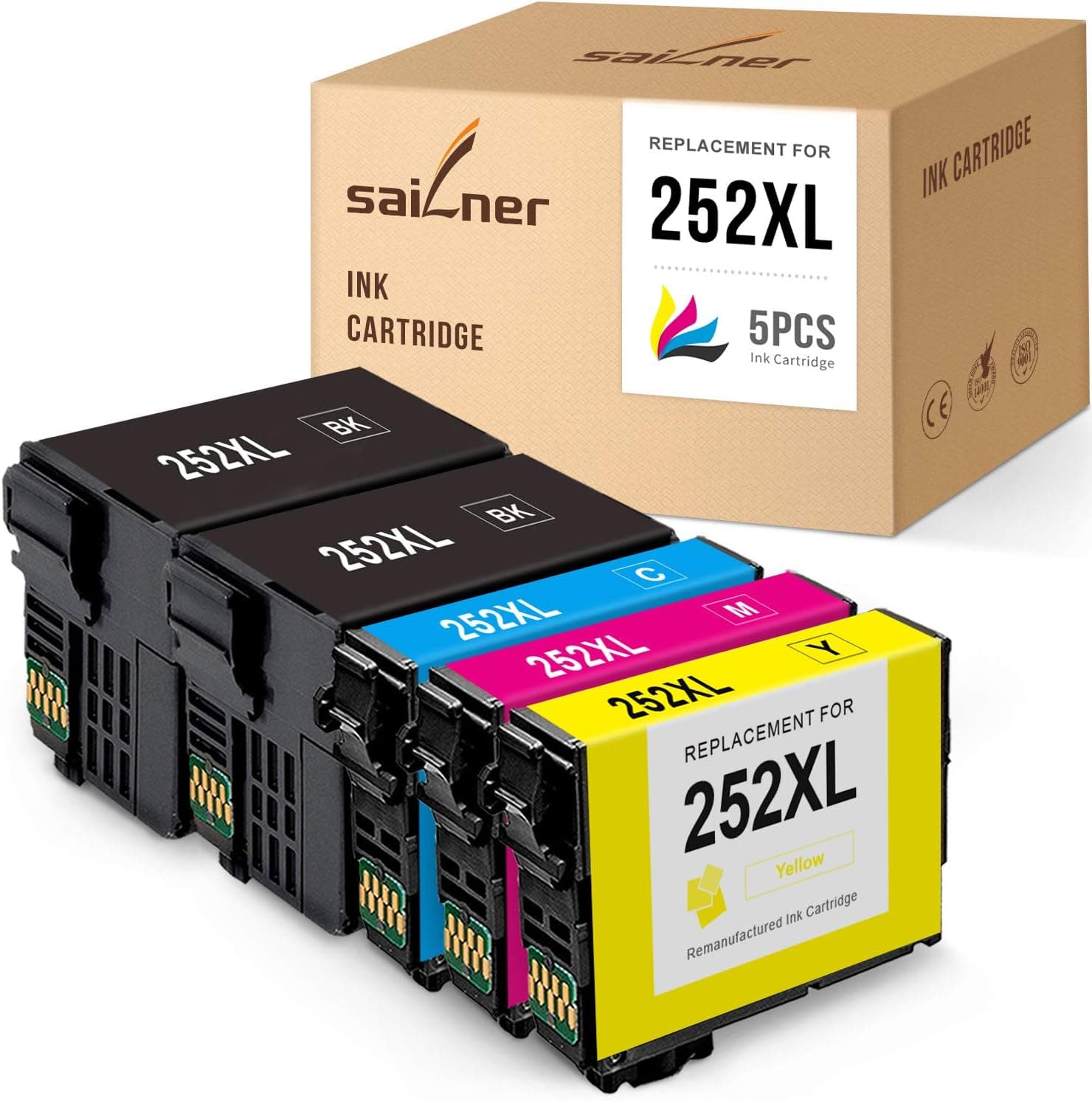SAILNER Remanufactured Ink Cartridge Replacement for Epson 252 XL 252XL use with Workforce WF-7710 WF-7720 WF-7210 WF-3640 WF-3620 WF-7620 WF-7210 WF-7610 (2 Black 1 Cyan 1 Magenta 1 Yellow, 5-Pack)