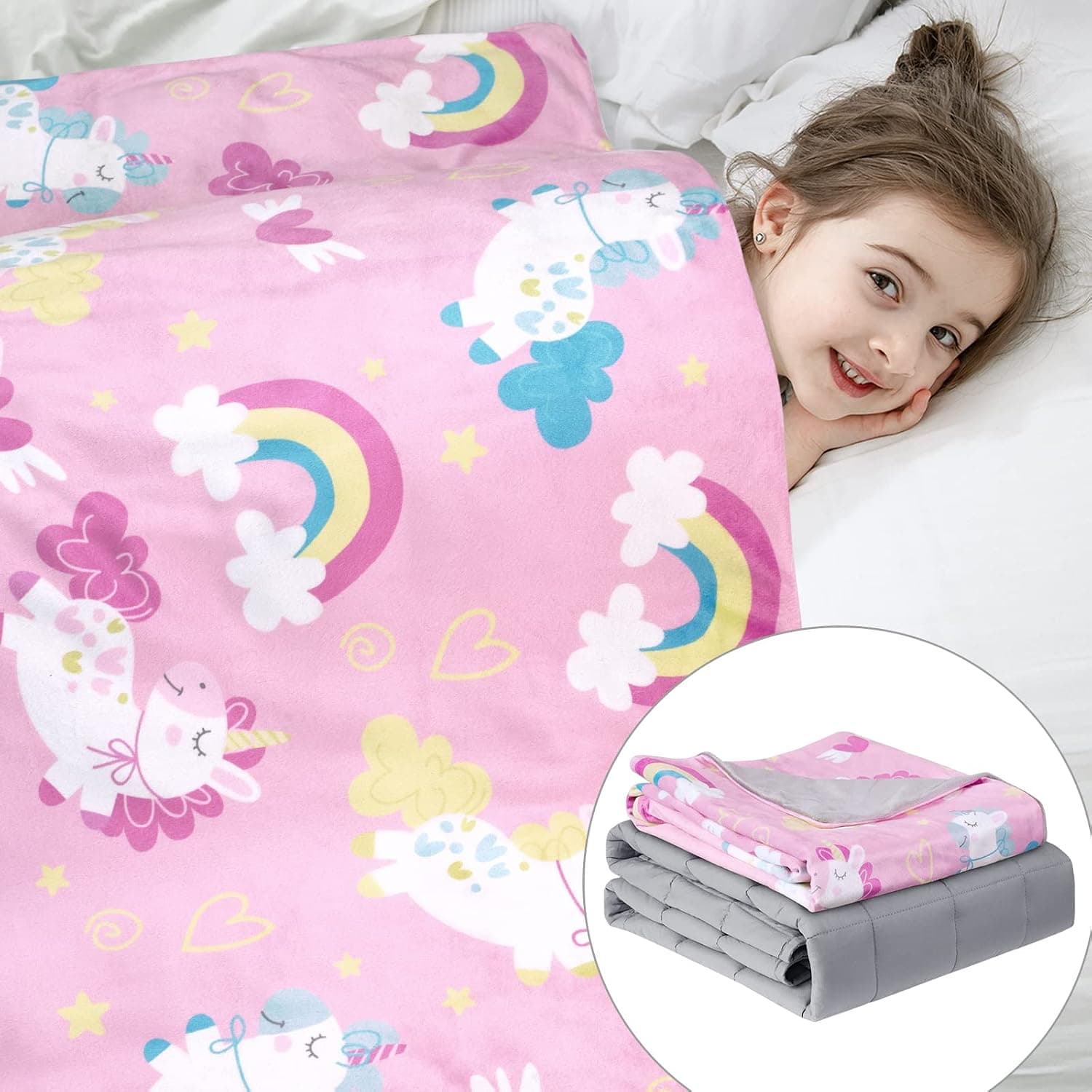 Solfres Kids Weighted Blanket, 5lbs, 36 x 48 inches, Pink Cartoon Rainbow Unicorn Printing Heavy Blanket for Children and Teens Sleeping Ultra Soft and Cozy