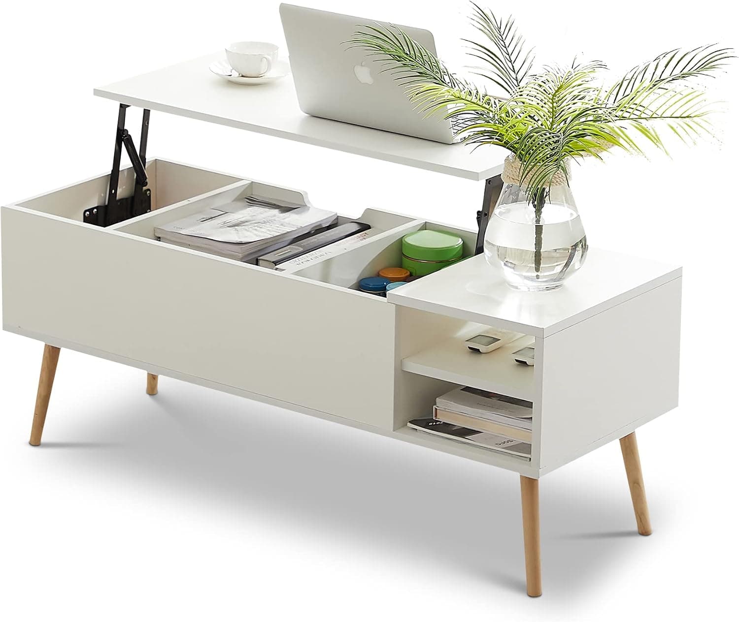 Lift Top Coffee Table with Hidden Compartment and Adjustable Storage Shelf, Mid Century Coffee Table for Living Room, Rustic Coffee Table Large Modern Wooden Table (White)