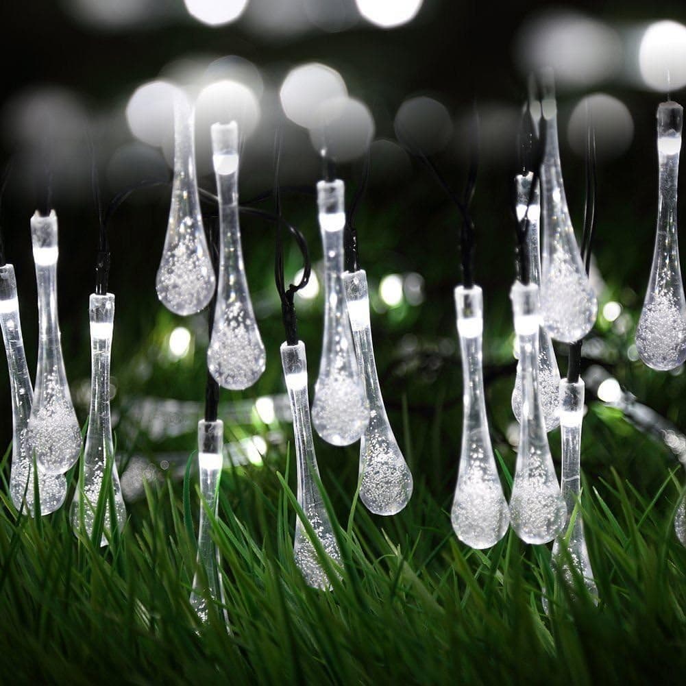 Mayoya Solar String Lights 20 Feet 30 LED Water Drop 8 Modes Waterproof Christmas Fairy Lights for Home,Garden,Outdoor,Patio,Christmas Tree,Parties and Holiday Decorations (White)