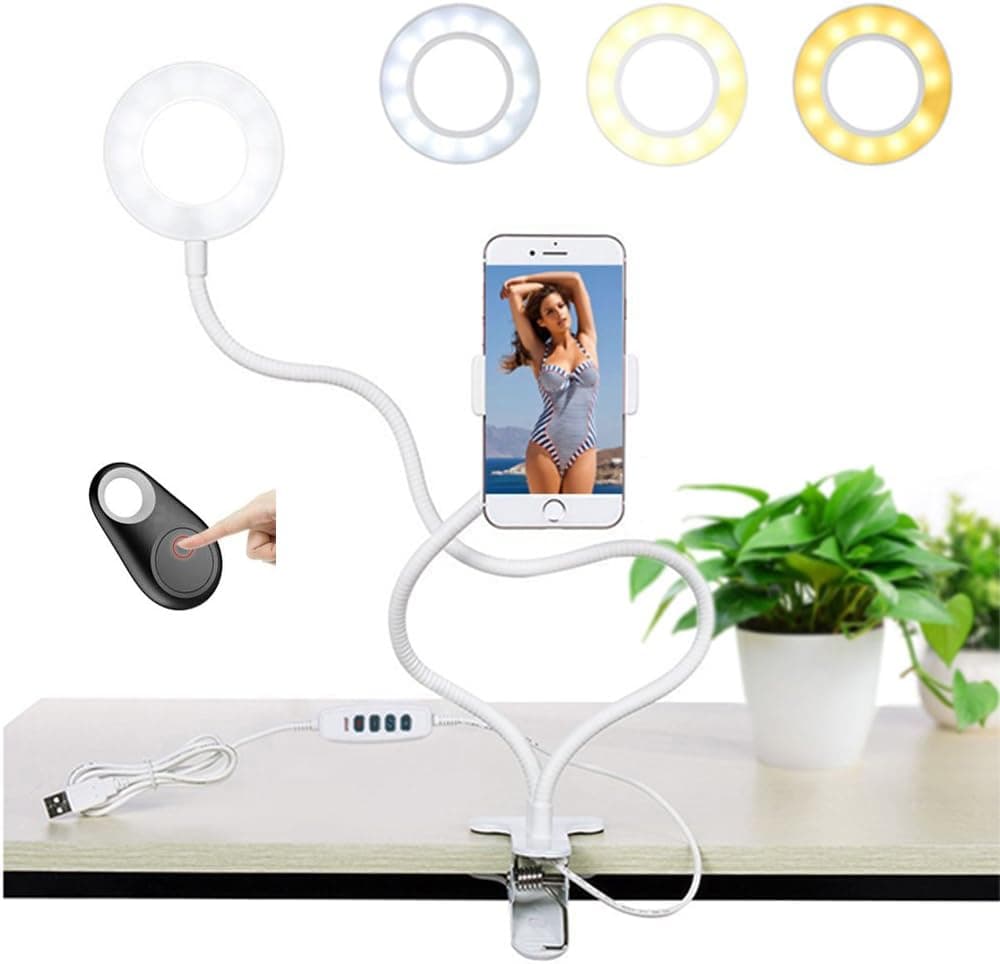 Selfie Ring Light with Cell Phone Holder, Flexible Clamp Light for Live Stream and Makeup, Lazy Bracket with LED Camera Light, [3-Light Mode] [10-Level Brightness], with Free Bluetooth Remote, White