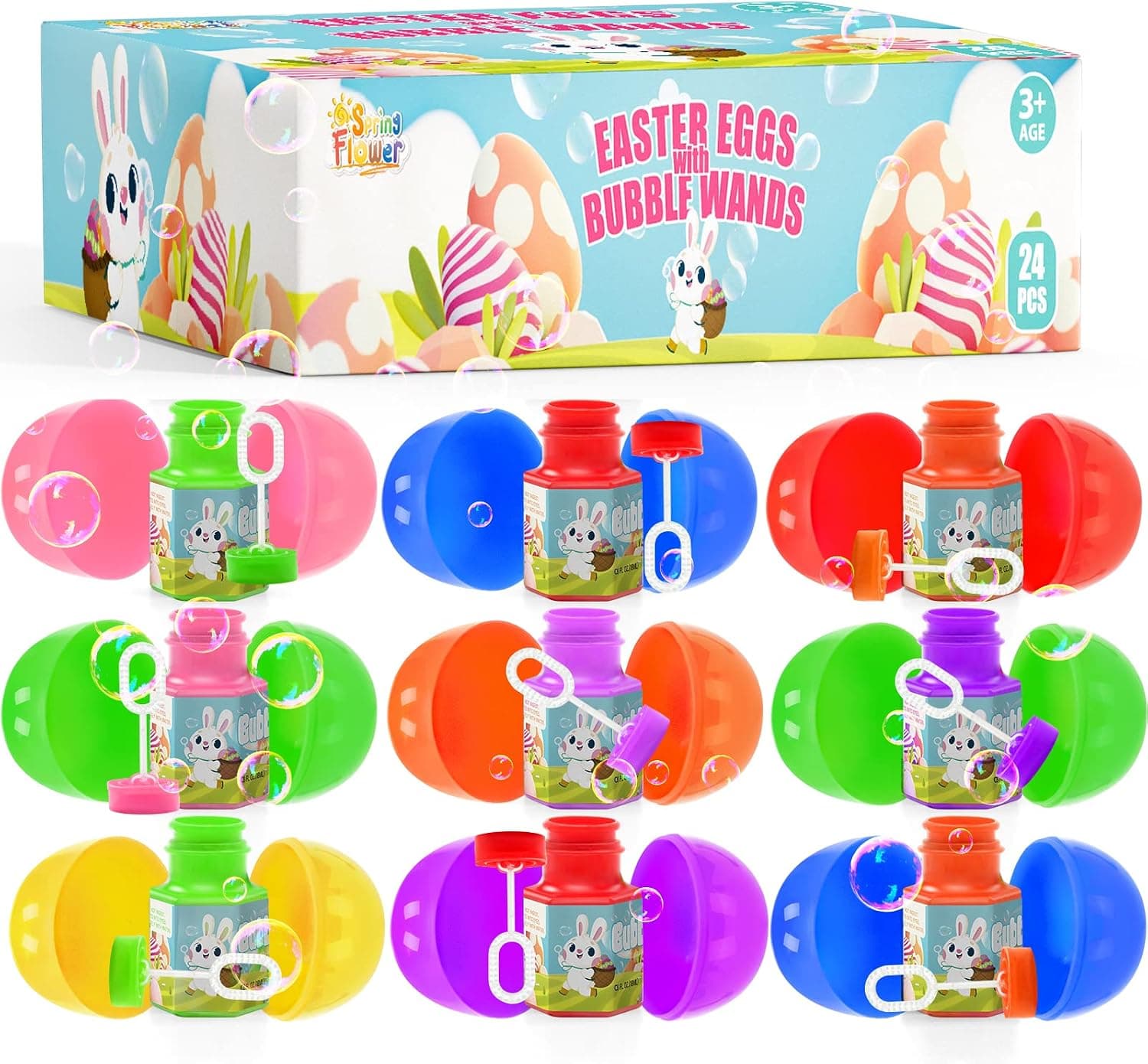 SpringFlower 24 Pack PreFilled Easter Eggs with Bubble Wands for Easter Basket Stuffers, Easter Eggs Hunt,Kids Easter Party Favor Supplies, School Classroom Easter Prize and Rewards Supplies