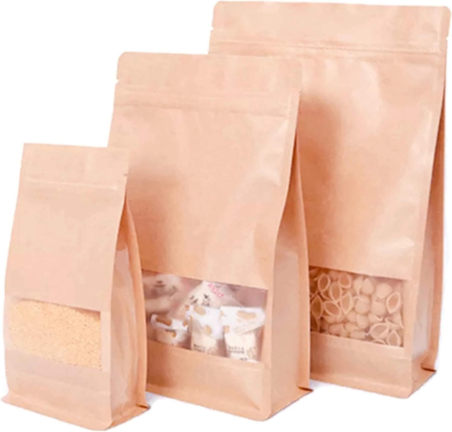 Window Kraft Bags Flat Bottom Product Packaging Pouch Bags Food Grade Bean Coffee Tea Nut Kraft Paper Stand Up Flat Bottom Pouch Reusable Zip Heat Sealable