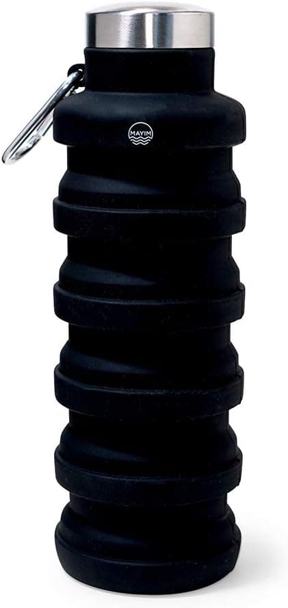 Mayim Collapsible Carabineer Water Bottle, Reuseable Leakproof BPA Free Silicone Foldable Water Bottles for Travel Gym Camping Hiking Running Cycling & More, 500ml (Black)