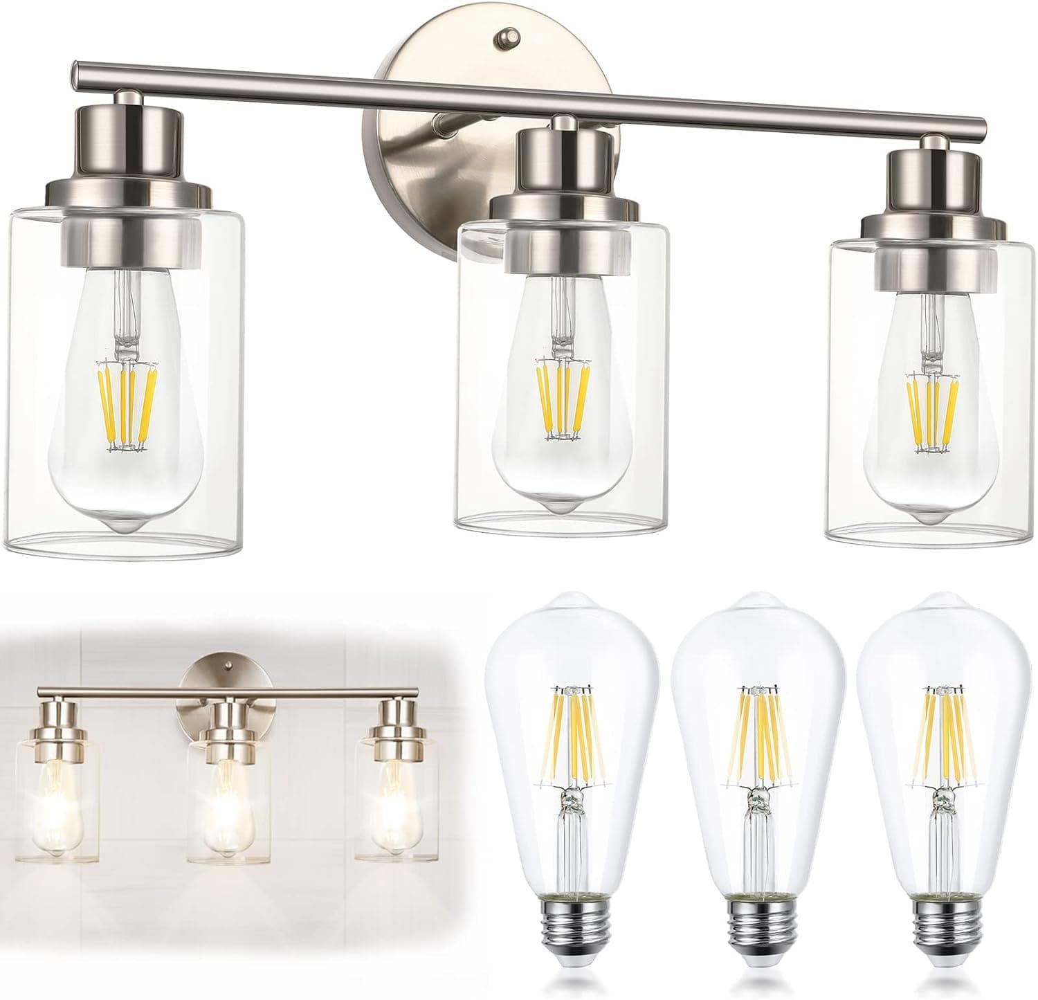 Vanity Light Fixtures with 3 LED Edison Bulbs, 6W Equivalent 60W, 3 Lights Wall Sconce with Clear Glass Shade, Brushed Wall Lamp for Bathroom Mirror Kitchen Living Room Bedroom Porch (E26 Base)