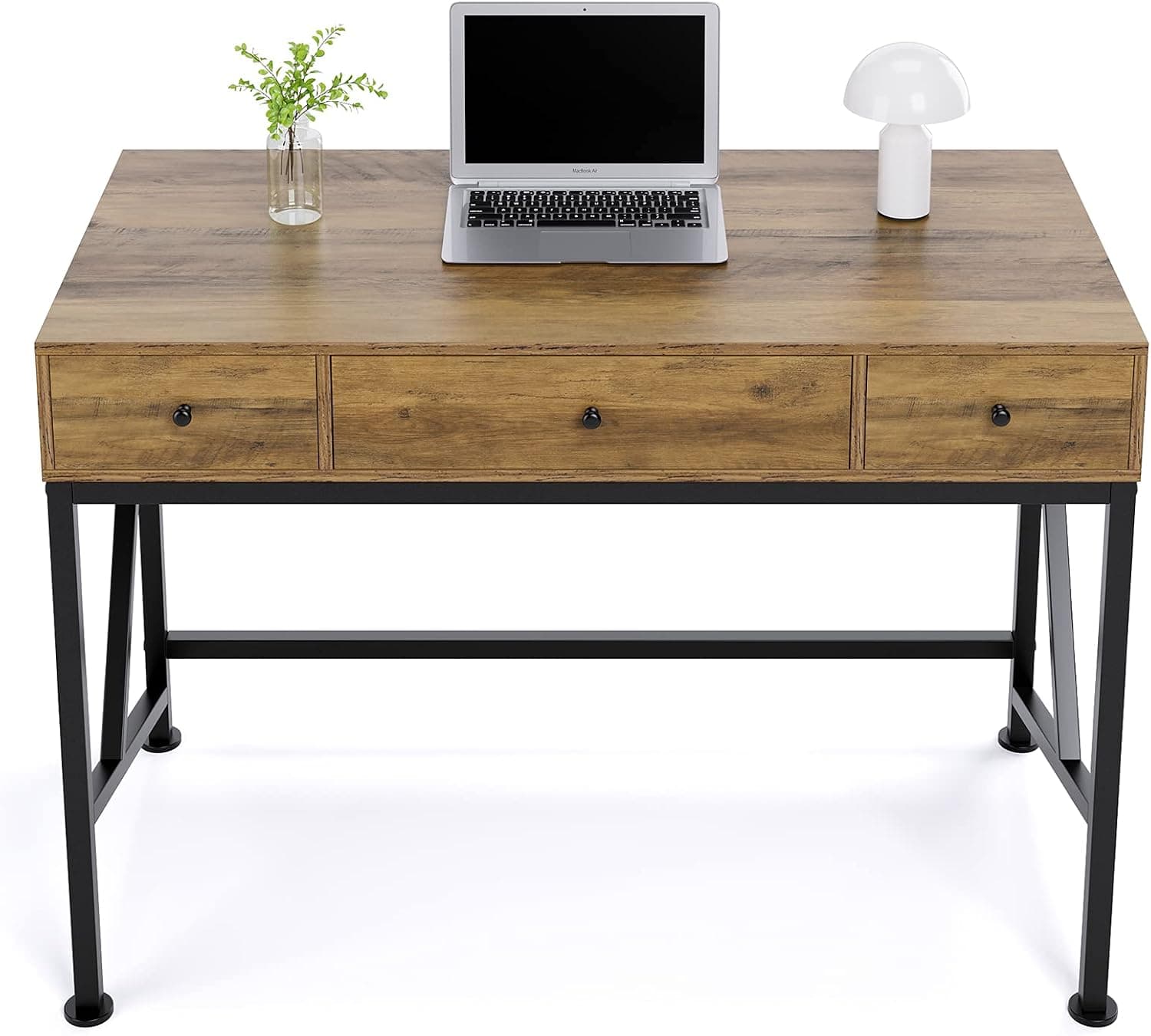 URKNO Computer Desk with 3 Drawers, 42" Wood Writing Desk for Home Office, Modern Simple Style Laptop Study Table, Makeup Vanity Console Table, Metal Frame, Easy Assembly, Rustic Brown