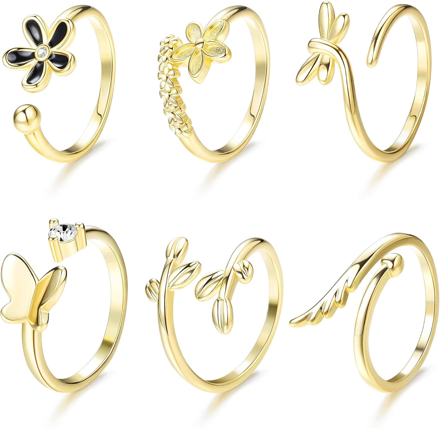 Udalyn 6 Pcs Open Rings Set for Women Adjustable Butterfly Flower Dragonfly Wing CZ Stackable Thumb Finger Toe Rings Set Women Gift Jewelry