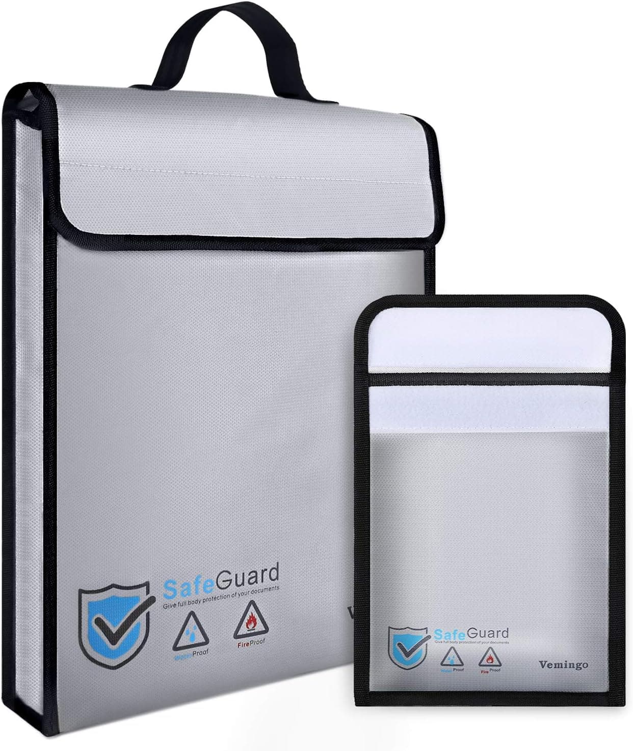 Vemingo Fireproof Bag 2000 degree Water Resistant Document Holder 15.8 x 12.6 x 3 Inches Non-Itchy Silicone Coated Fireproof Safe Storage for Money, Documents, Jewelry, Passport and Laptop (2Grey, L)