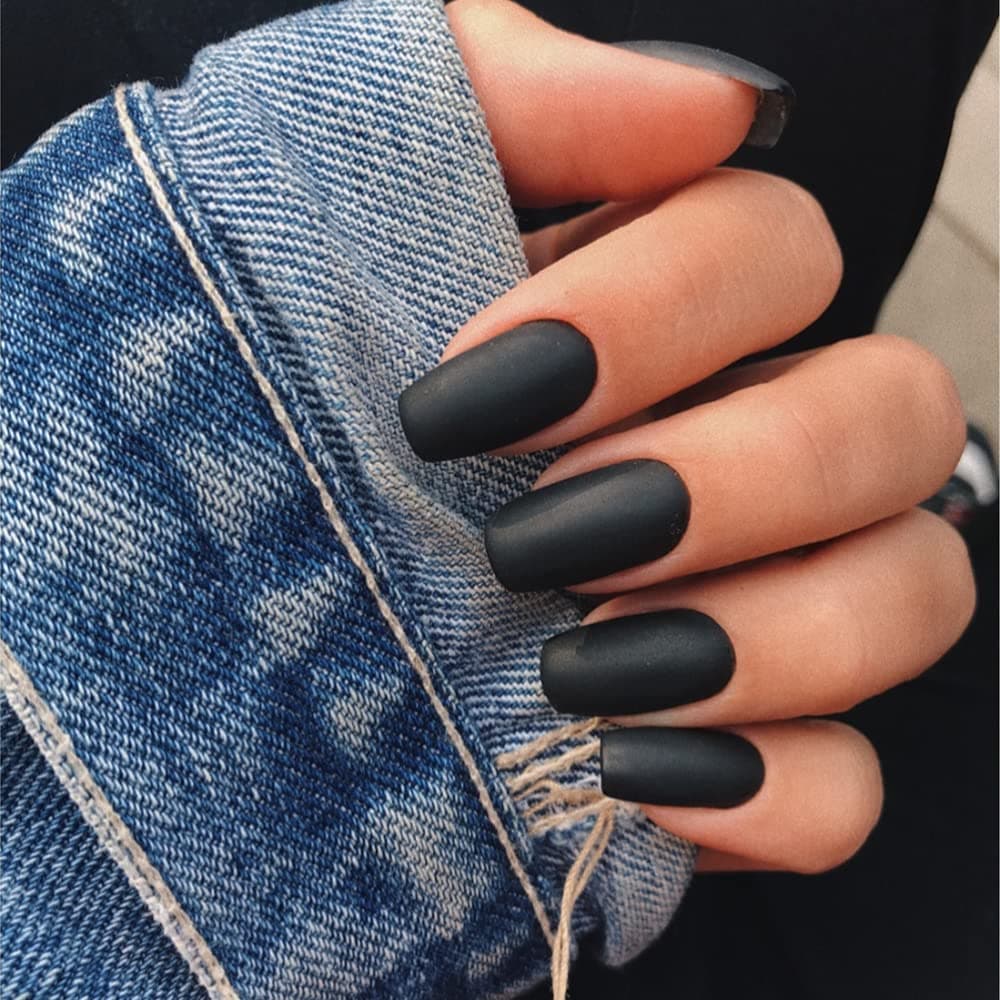Solid Matte Black Press on Nails Medium Coffin,KXAMELIE Glue on Nails Square Shape Acrylic Nails Press on Simple Fake Nails for Women Girls Daily Wear in 24PCS