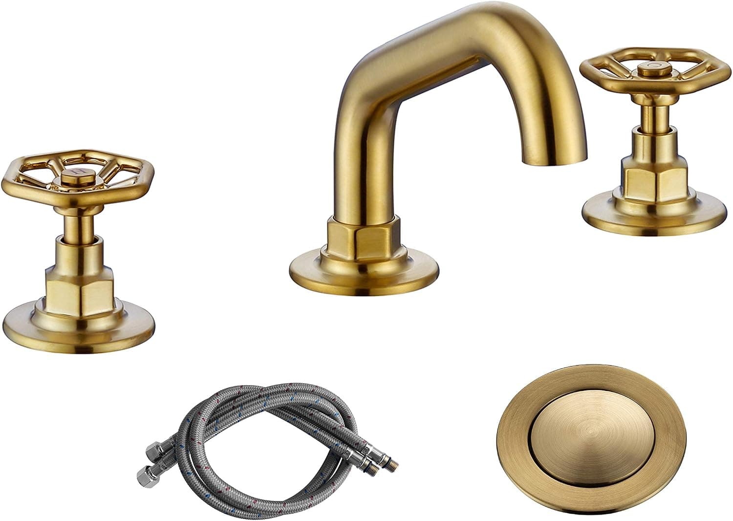 RKF Solid Brass Two Handle Widespread Bathroom Sink Faucet with Pop-up Drain with Overflow and CUPC Faucet Supply Hoses,Brushed Gold, CWF026C-BG