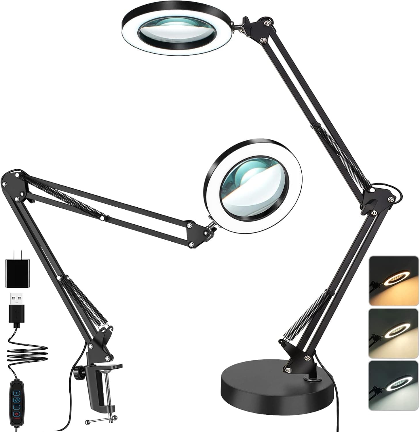 Magnifying Glass with Light and Stand, 2-in-1 Lighted Magnifying Glass 5X Magnifying Lamp, 3 Color Modes Stepless Dimmable Magnifier with Light and Stand & Clamp for Close Work (Adapter Included)