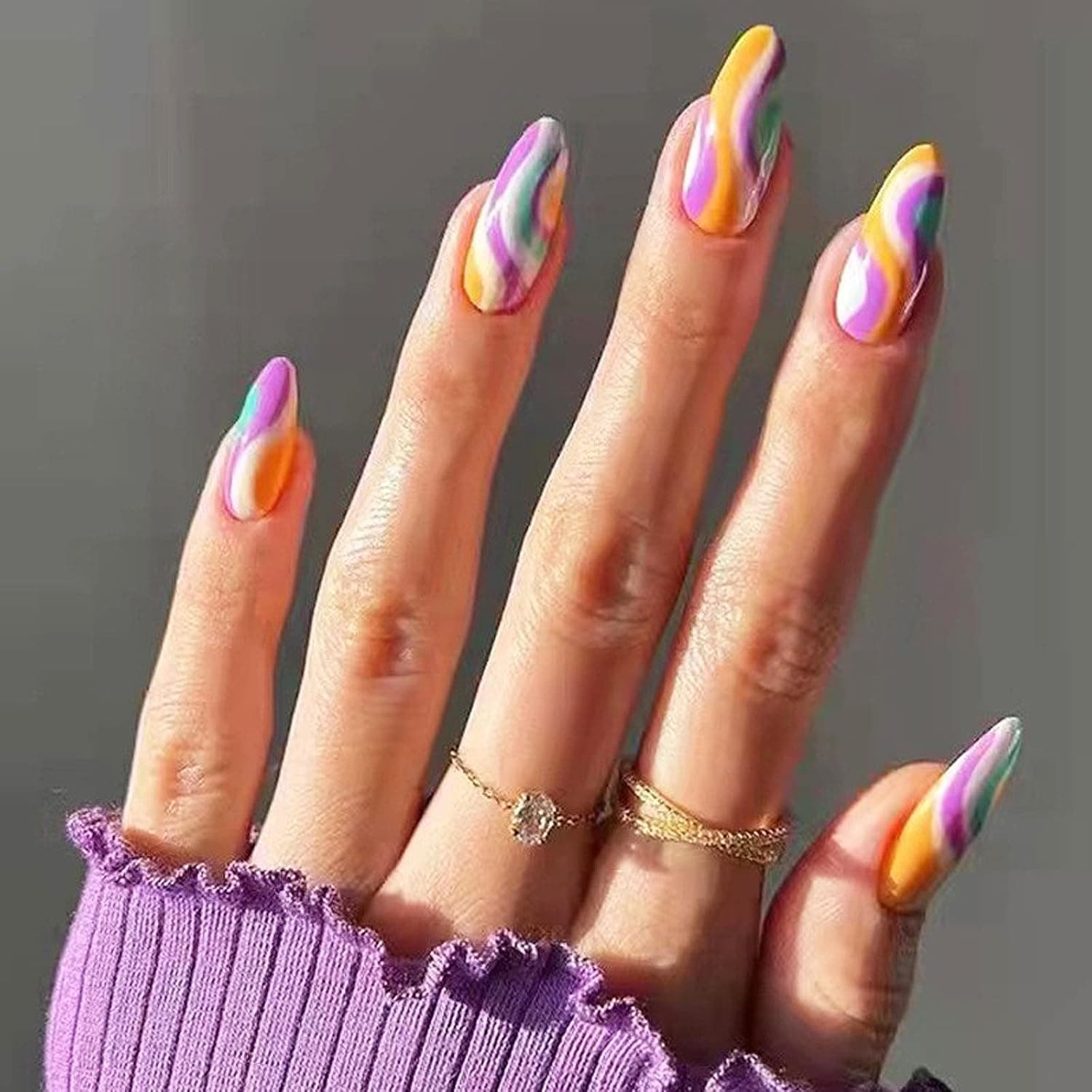 Gentle Claws Press On Nails - Color Fresco | Candy Swirl Press On Nails, Medium Swirl Almond Shaped Colorful Nails with Design for Women and Girls, 24 Pcs Reusable Candy Swirl Fun Fake Nails