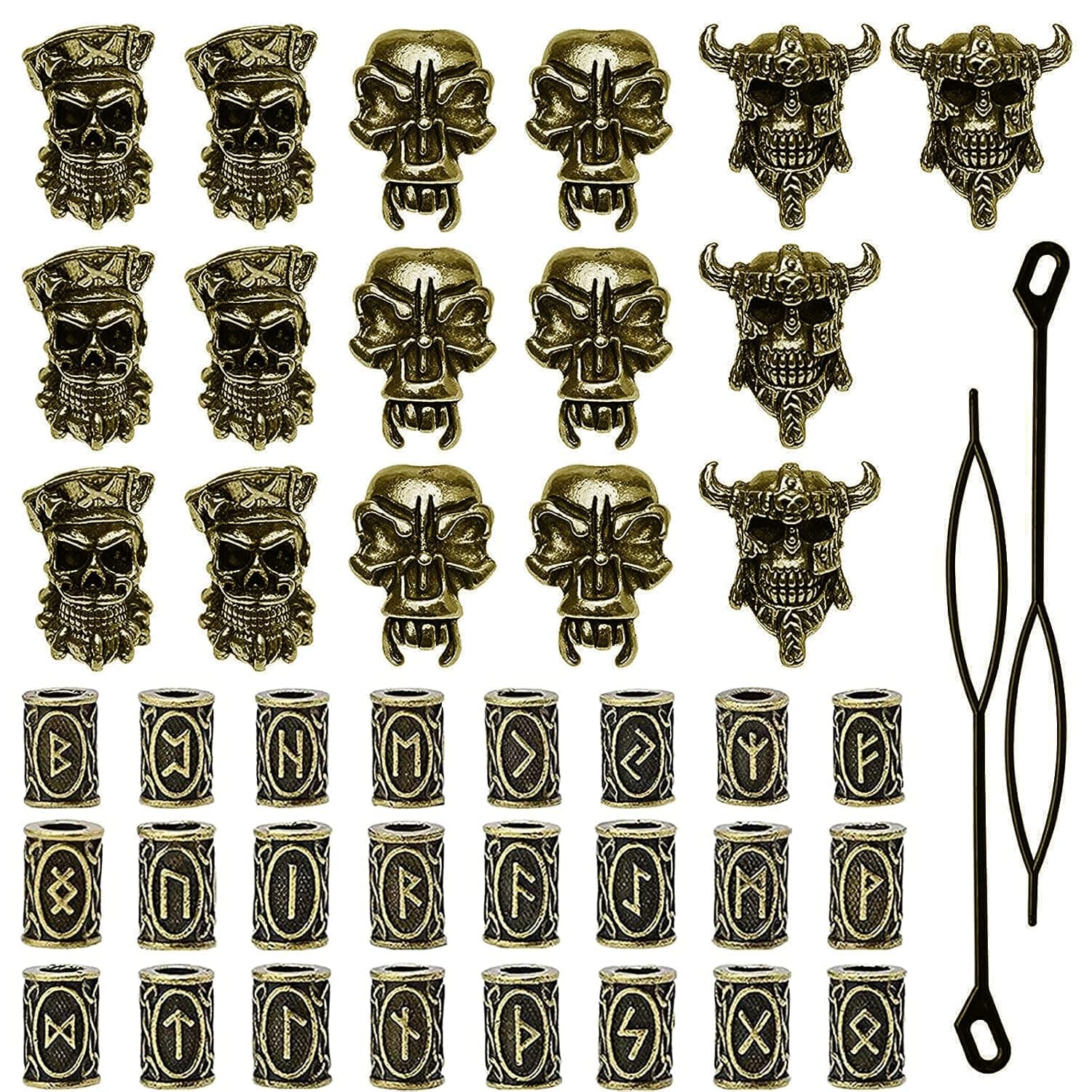 42 Pieces Viking Beard Beads Antique Norse Hair Clips Beads Pirate Skull Dreadlocks Beads for Hair Braiding Bracelet Pendant Necklace Golden DIY Jewelry Hair Decoration