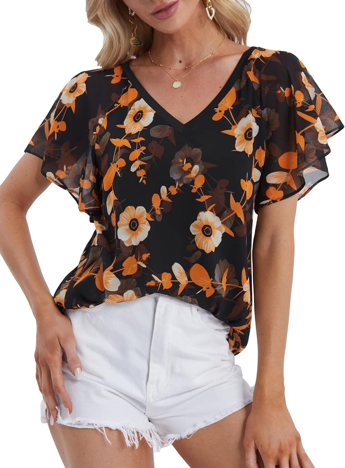 DJT Womens Summer Chiffon Tops Casual V Neck Flare Ruffle Short Sleeve Flowy Top Blouses Shirts