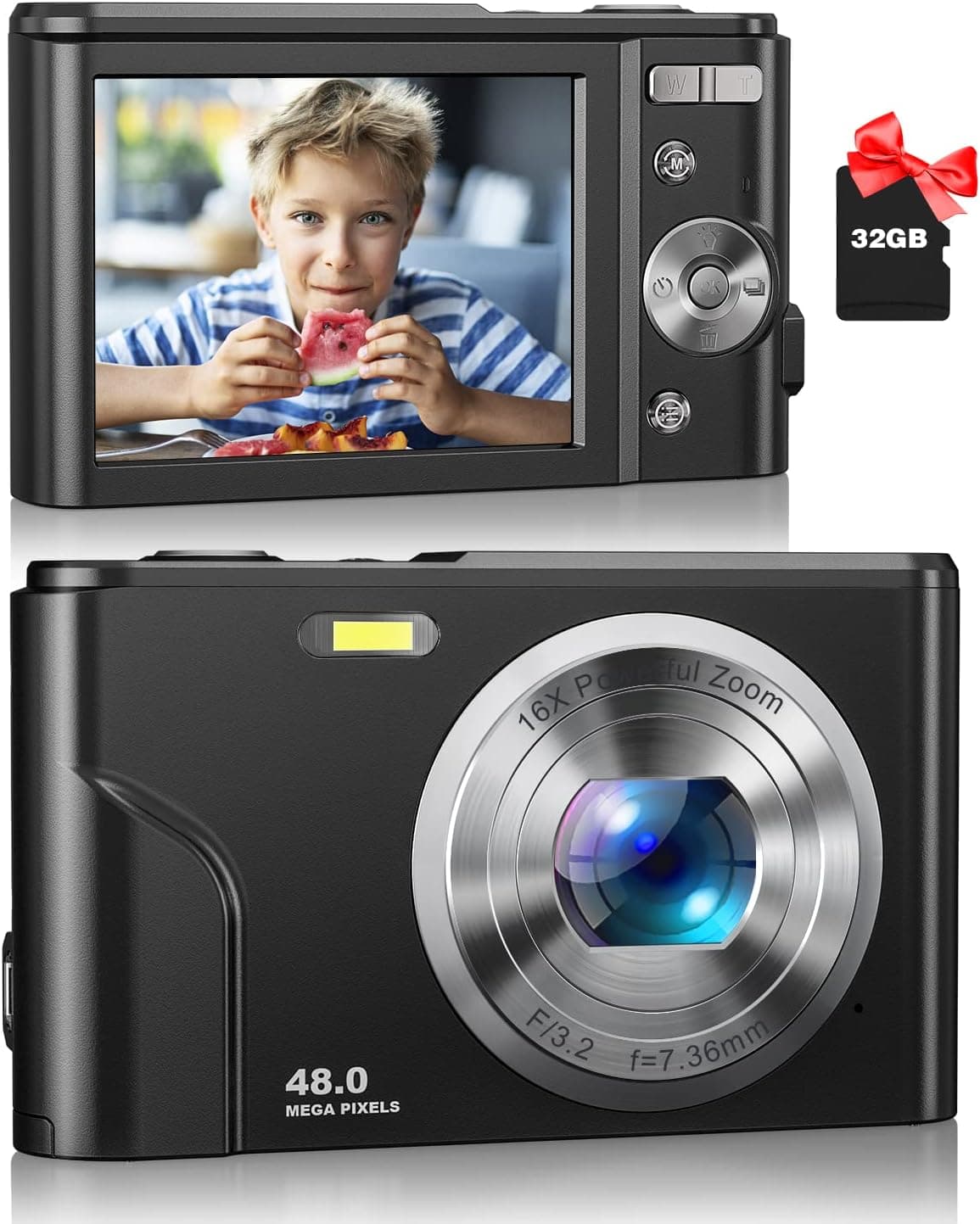 Digital Camera, Zostuic Autofocus 48MP Kids Camera with 32 GB Card 1080P Vlogging Camera with 16X Zoom, Compact Portable Mini Cameras for 4-15 Year Old Kids Children Teen Student Girls Boys(Black)