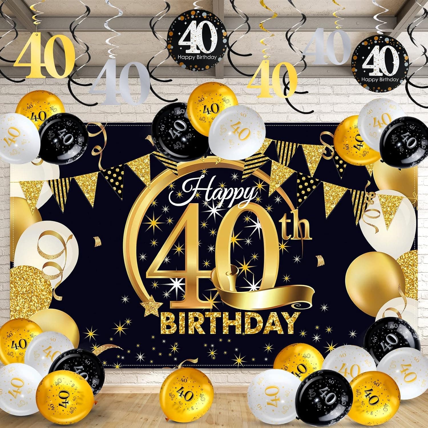 Birthday Party Decorations Kit, Black Gold Glittery Happy Birthday Backdrop Banner Photo Background Balloon Hanging Swirls for Men Women Party Decor Supplies, Banner 72.8 x 43.3 Inch (40th Style)