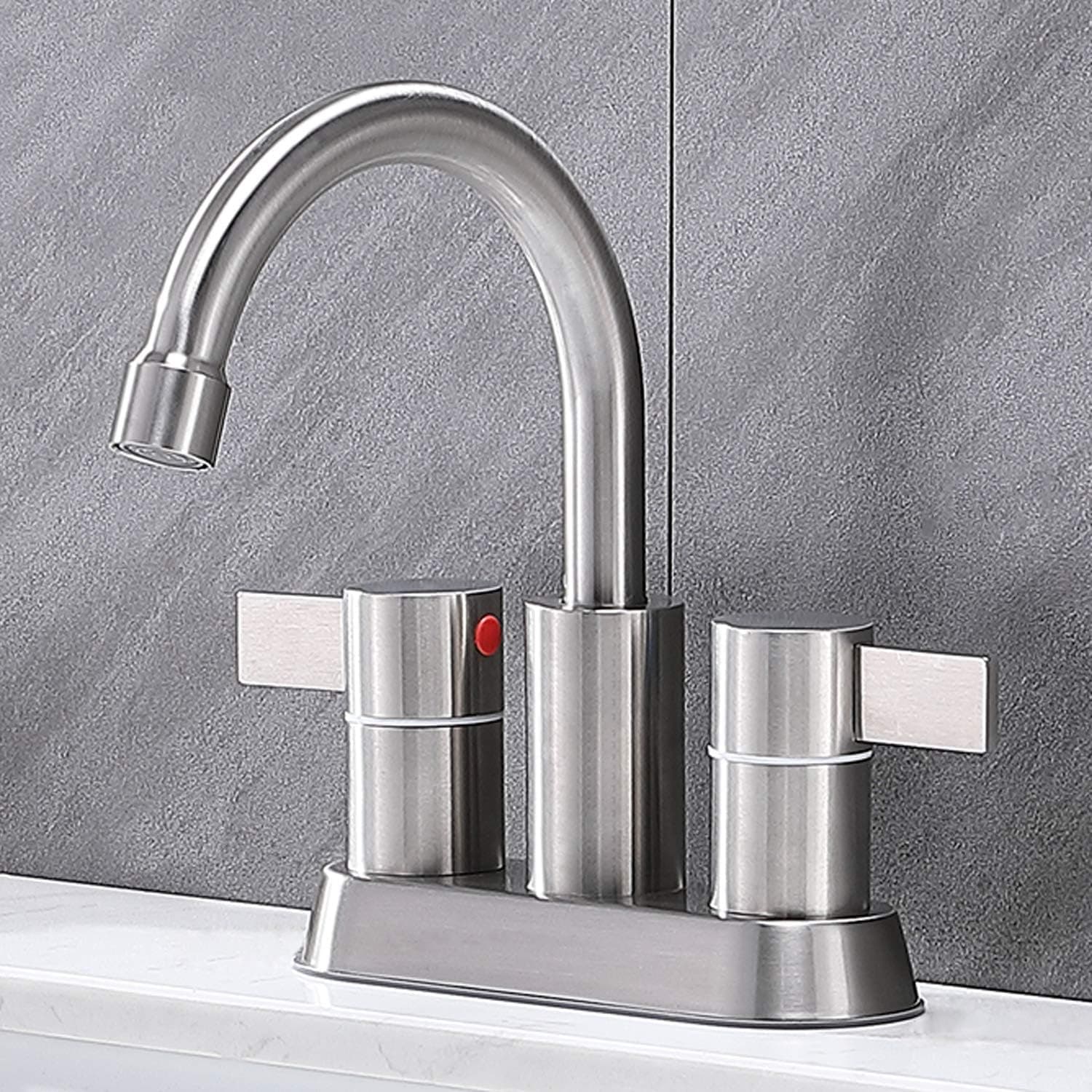 SHACO 4 Inch 2 Handle Centerset Brushed Nickel Bathroom Sink Faucet,360 Degree Swivel Spout Lead-Free Stainless Steel Bathroom Lavatory Vanity Faucet Set