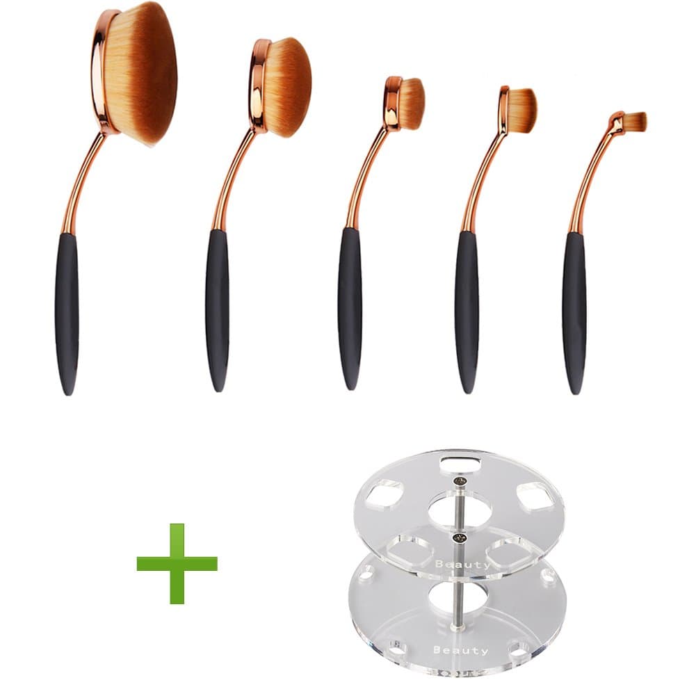 DSCbeauty Professional 5 Pcs Oval Makeup Brush Set Foundation Contour Blush Blending Lip Eyebrow Eyeliner Eyeshadow Concealer Toothbrush Makeup Brushes Kit Cosmetic Brush Set with Round Clear Stand