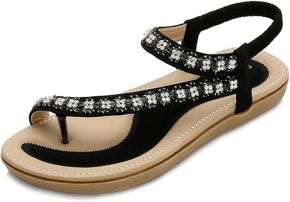 Wollanlily Women Summer Beach Bohemia Flat Sandals Rhinestones T Strap Ankle Strap Flip-Flop Thong Shoes Black-02 US 9