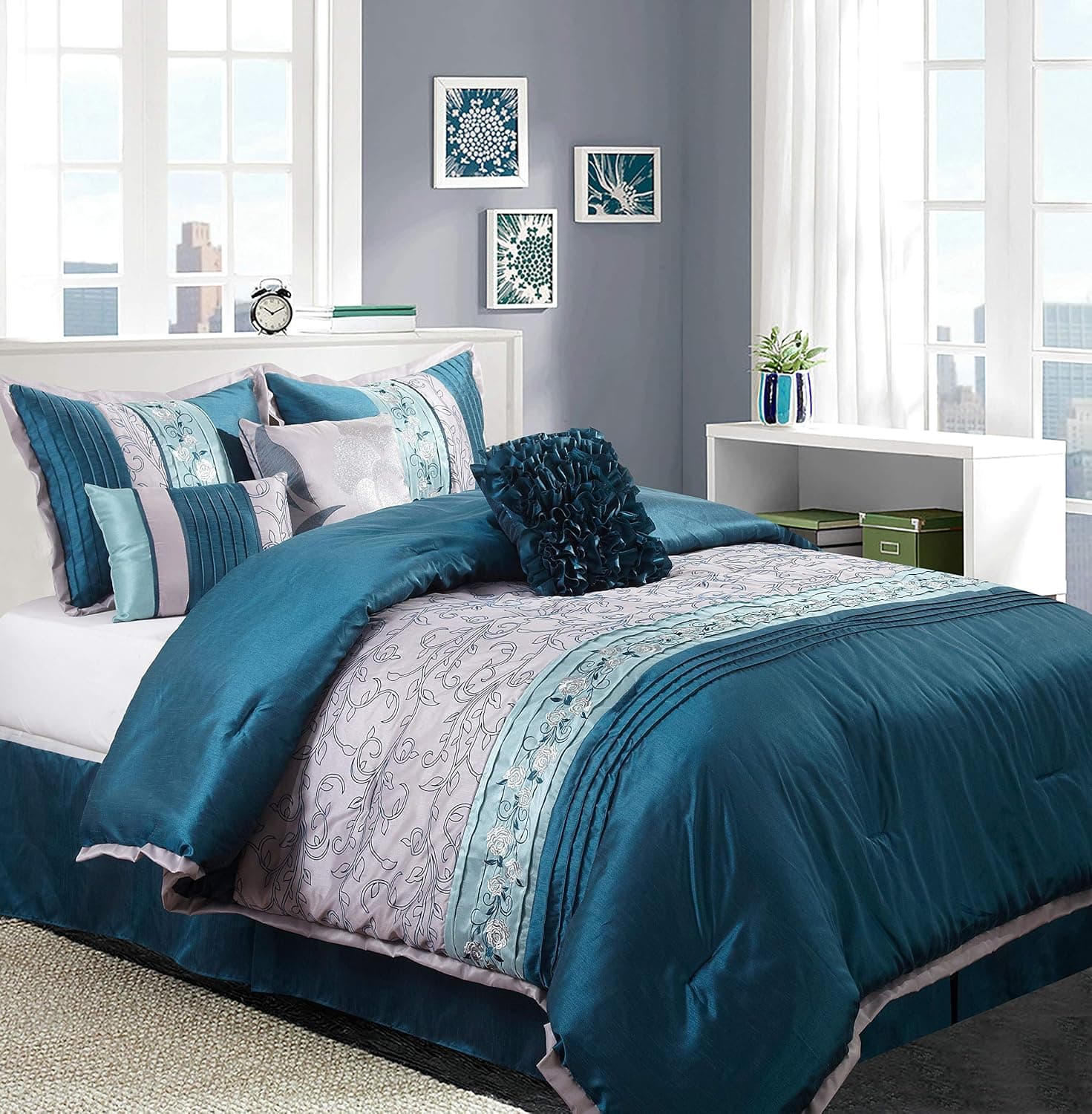 Nanshing JULIANA7-Q Juliana Collection Bedroom Comforter Complete 7 Piece Set, Queen, Teal/Grey