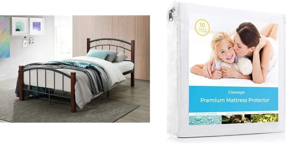 Hodedah Metal Twin, Complete Bed and Linenspa Waterproof Smooth Top Premium Twin Mattress Protector, Breathable & Hypoallergenic Twin Mattress Covers - Packaging May Vary
