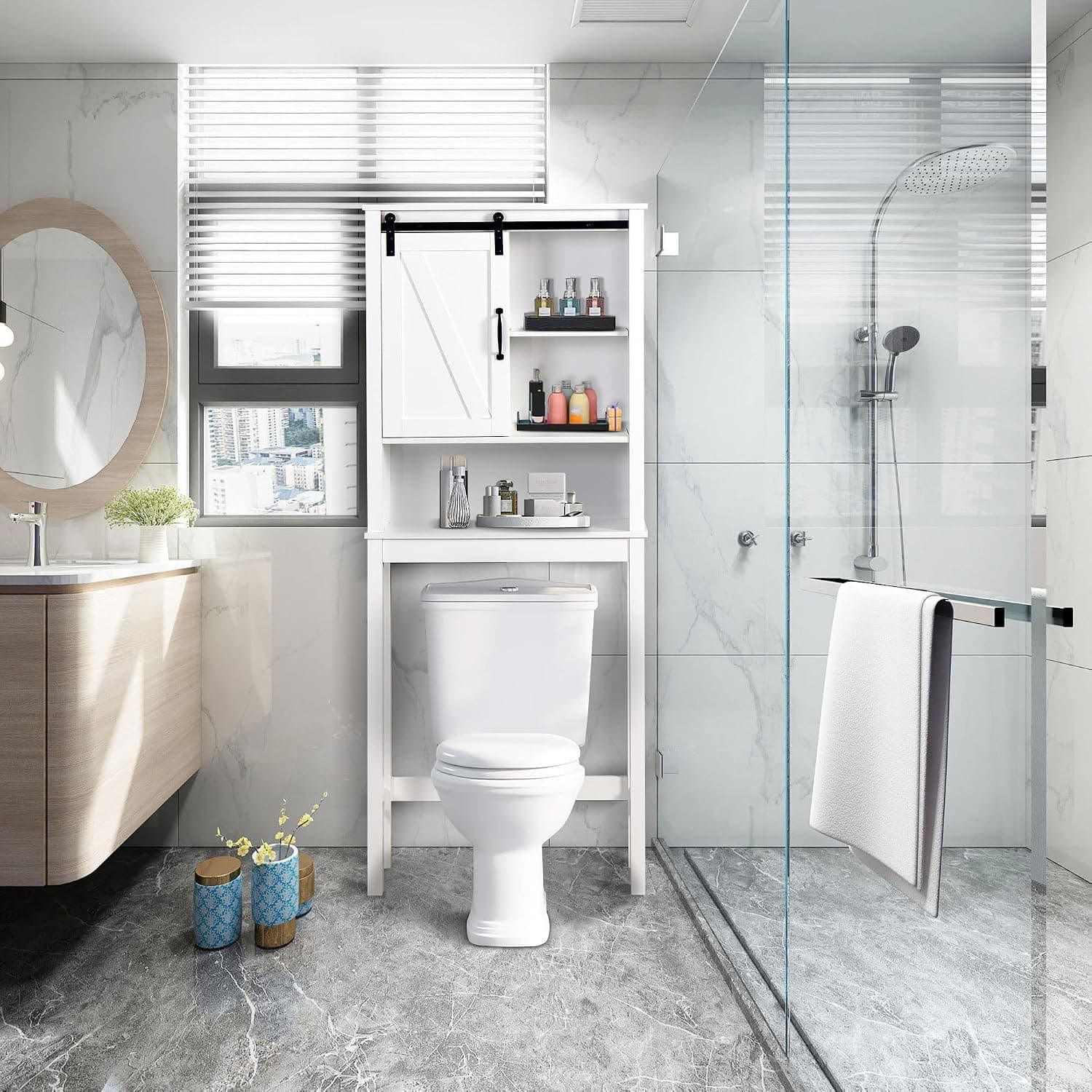 PHOYAL Over The Toilet Storage Cabinet Rack, Space-Saving Bathroom Cabinet, Freestanding Bathroom Organizer Over Toilet with Adjustable Shelves&A Barn Door (White)