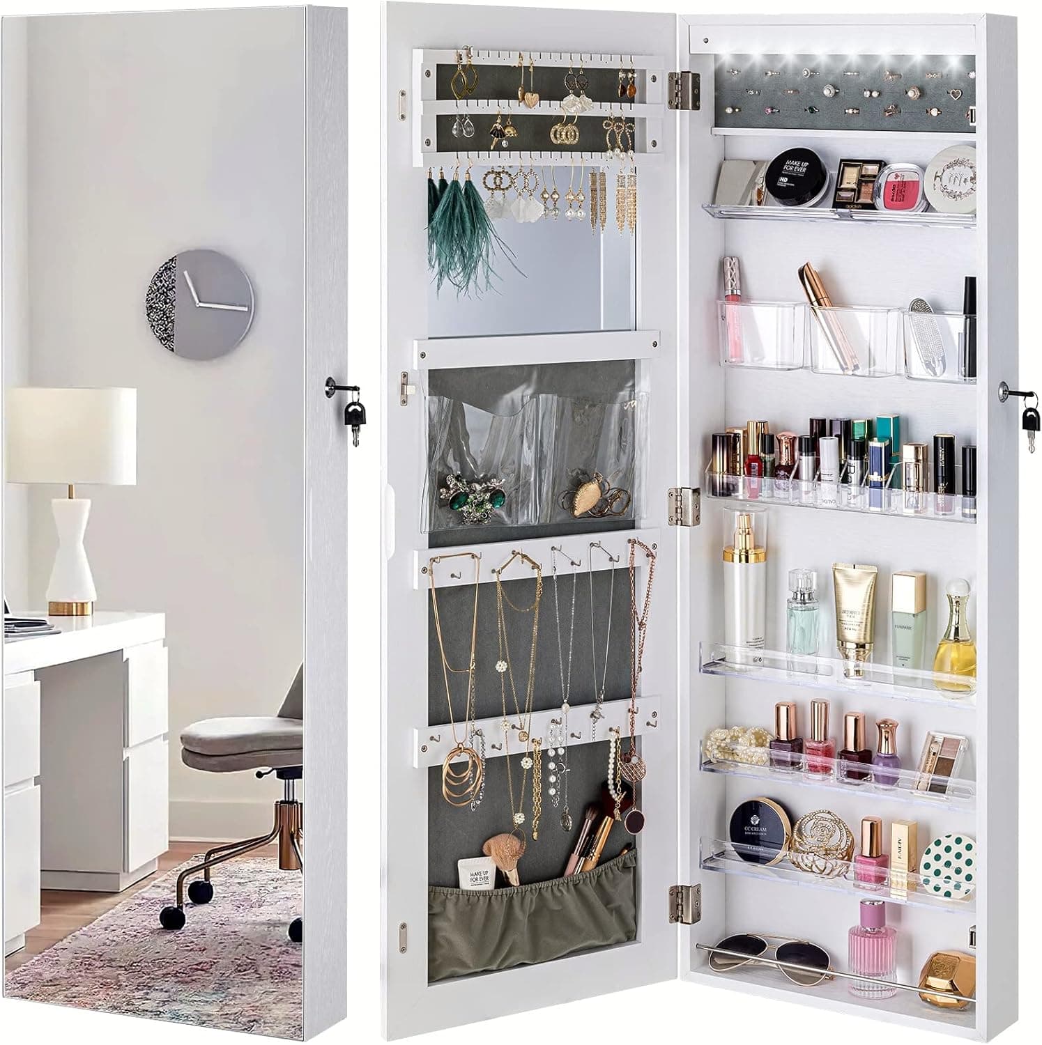 YOKUKINA LED Jewelry Cabinet Armoire Wall&Door Mounted - Full length Dressing Mirror w/Large Storage Lockable Organizer