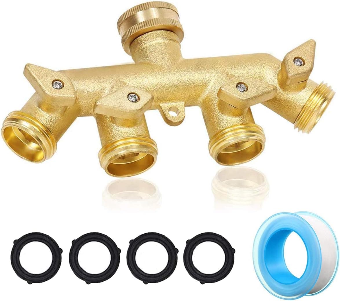 Elihome 4 Way Garden Hose Splitter, Heavy Duty Brass Hose Connector 3/4 Inch, Hose Spigot Adapter Connector for Garden Irrigation