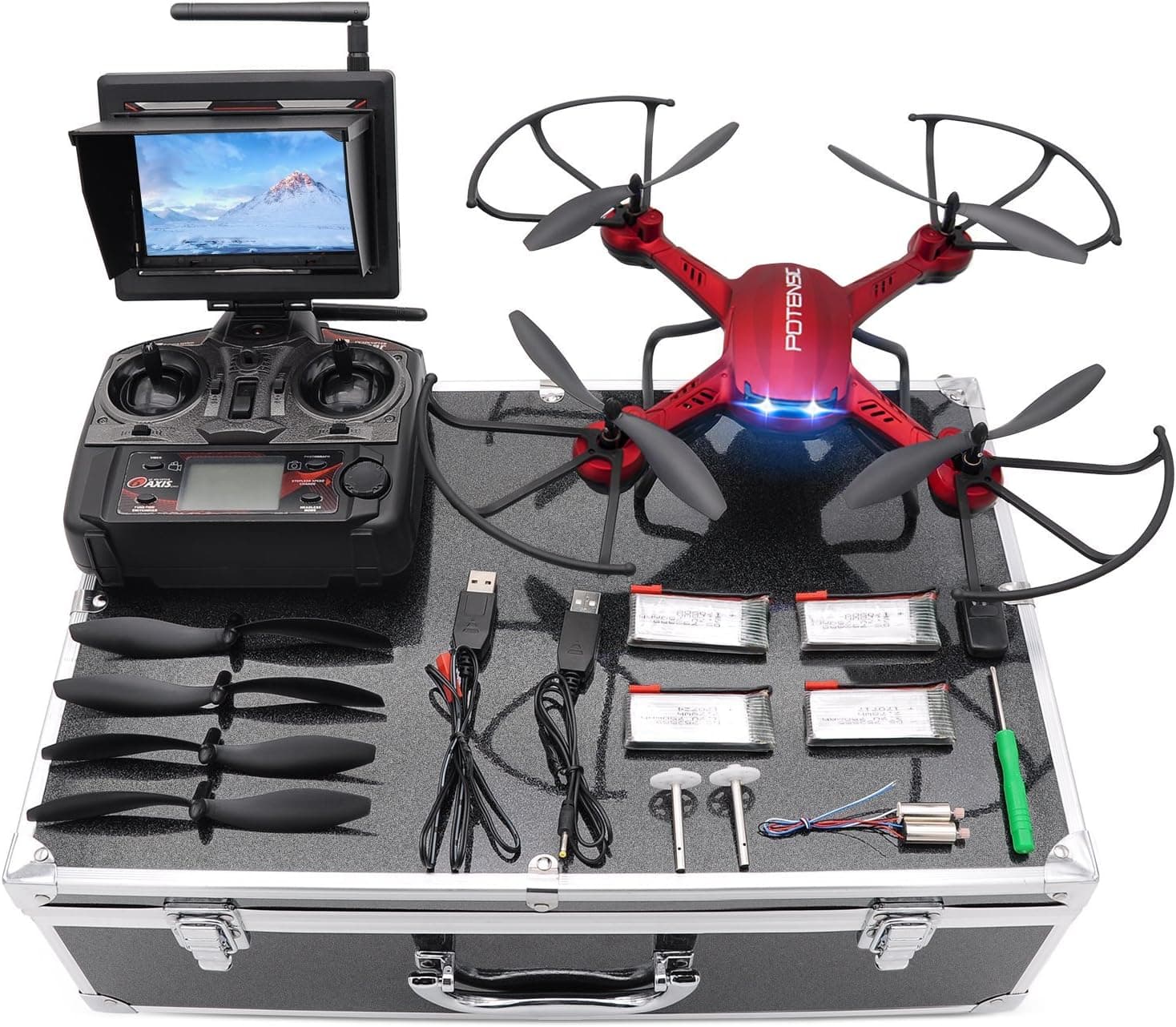 Potensic Drone with HD Camera, F181DH RC Drone Quadcopter RTF Altitude Hold UFO with Stepless-Speed Function, 2MP Camera& 5.8Ghz FPV LCD Screen Monitor & Drone Carrying Case - Red