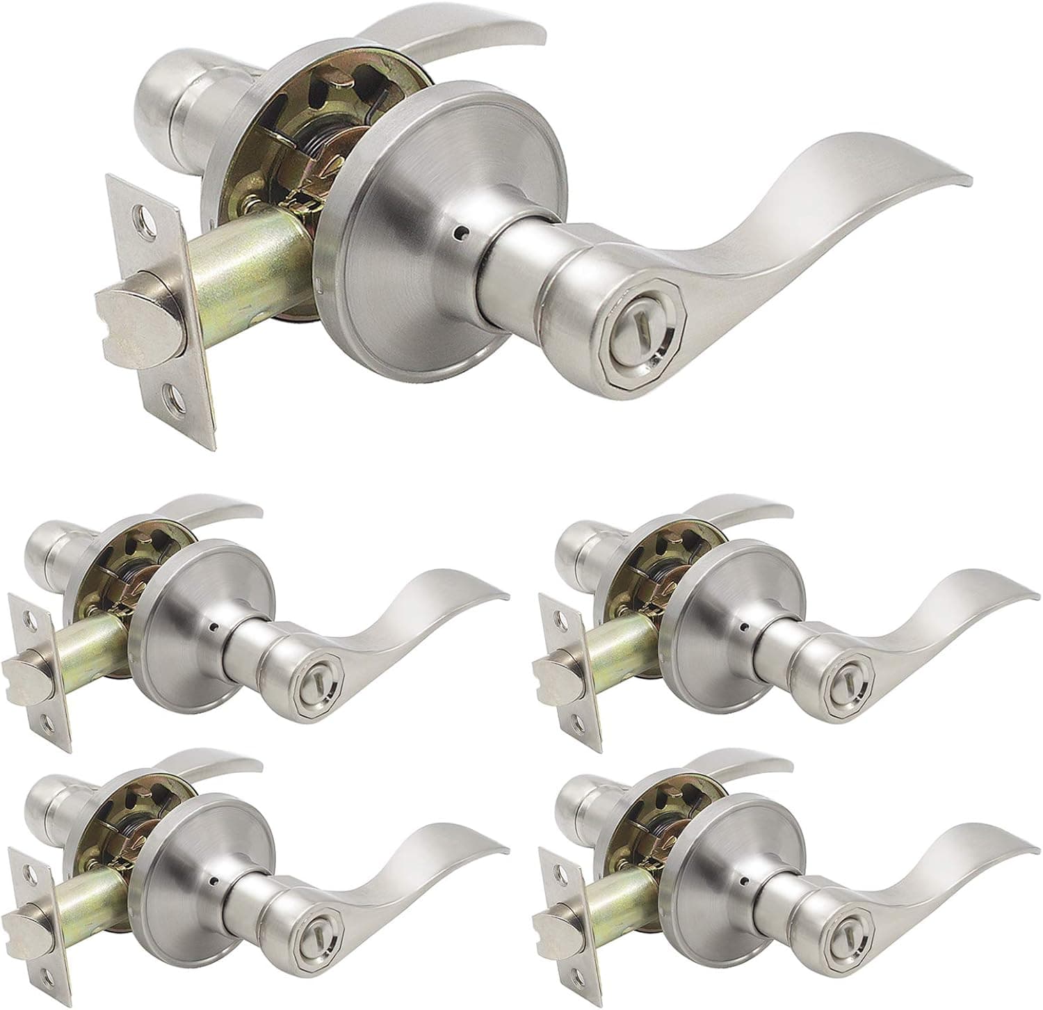 Knobonly 5 x Privacy Door Handles Lever Keyless Brushed Nickel Right Or Left Handed Bed/Bathroom Door Leverset