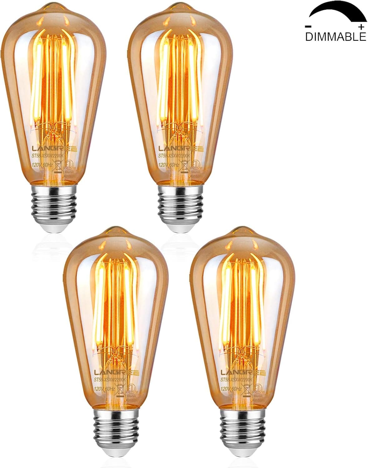 LED Edison Bulb 6W Vintage Light Bulb, 60W Equivalent 700 Lumen 2200k Amber Warm Glow, Dimmable Filament Bulbs E26 Medium Base, Decorative Clear Glass for Bathroom Kitchen Dining Room, Pack of 4