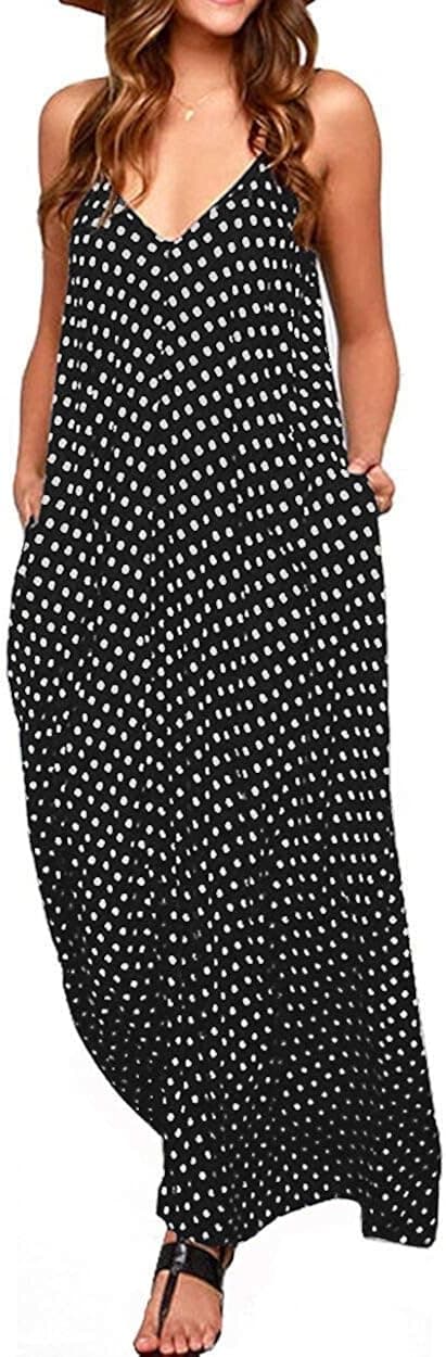 OURS Women's Casual Sleeveless V Neck Polka Dots Spaghetti Strap Summer Long Maxi Dresses with Pockets