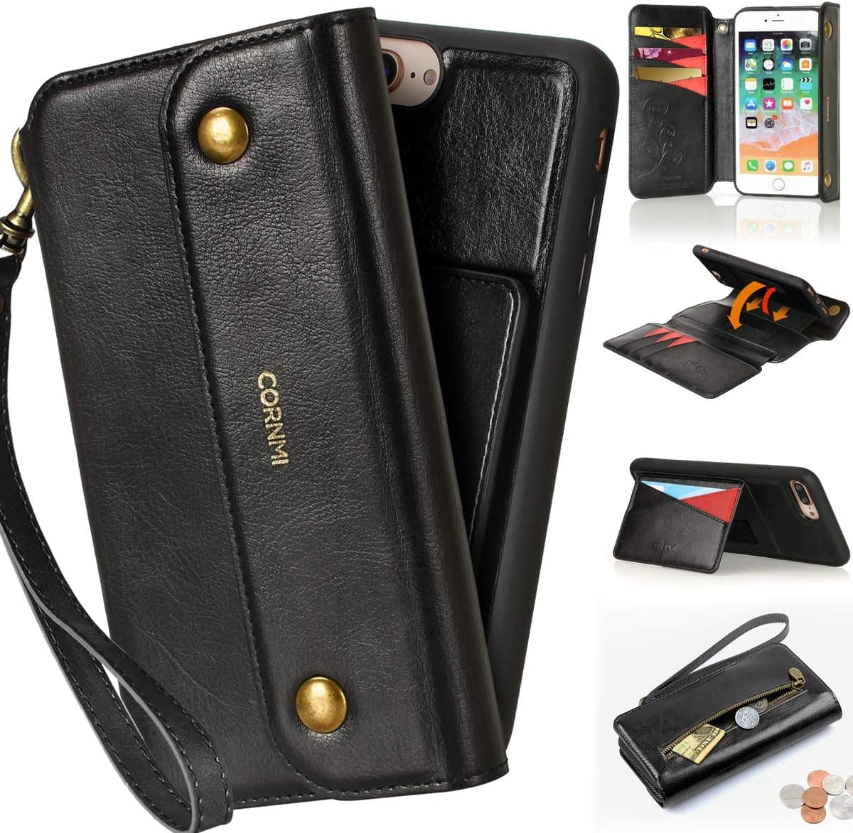 CORNMI iPhone 7 Plus/iPhone 8 Plus Wallet Case, Zipper Pocket 8 Card Holders Wrist Strap Kickstand Detachable Purse Leather Folio Flip Protective Cover for Apple 7+ 5.5'' / Apple 8+ 5.5'' Black