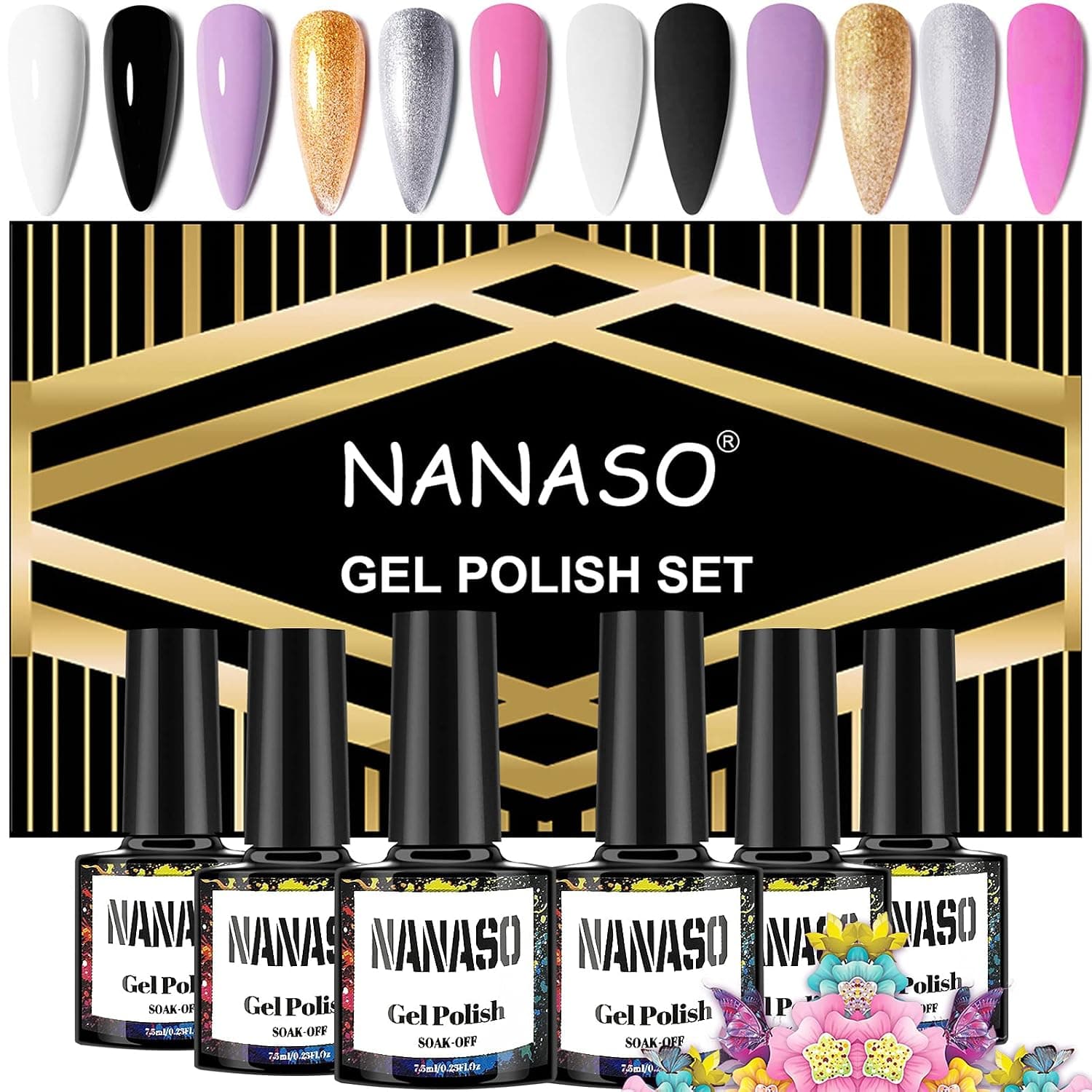 6 Colors Gel Nail Polish,Classic White Black Gel Polish Soak Off Gel Nail,LED UV Lamp Needed Gel Polish Starter Kit,Long Lasting Nail Art Polish For Salon Home DIY Design With Box