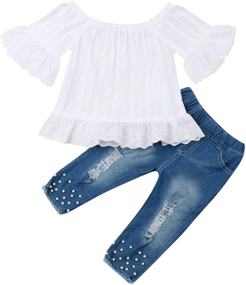Toddler Kids Baby Girl Clothes, 2Pc Outfits Set White Tops Shirt Denim Pants Ripped Jeans
