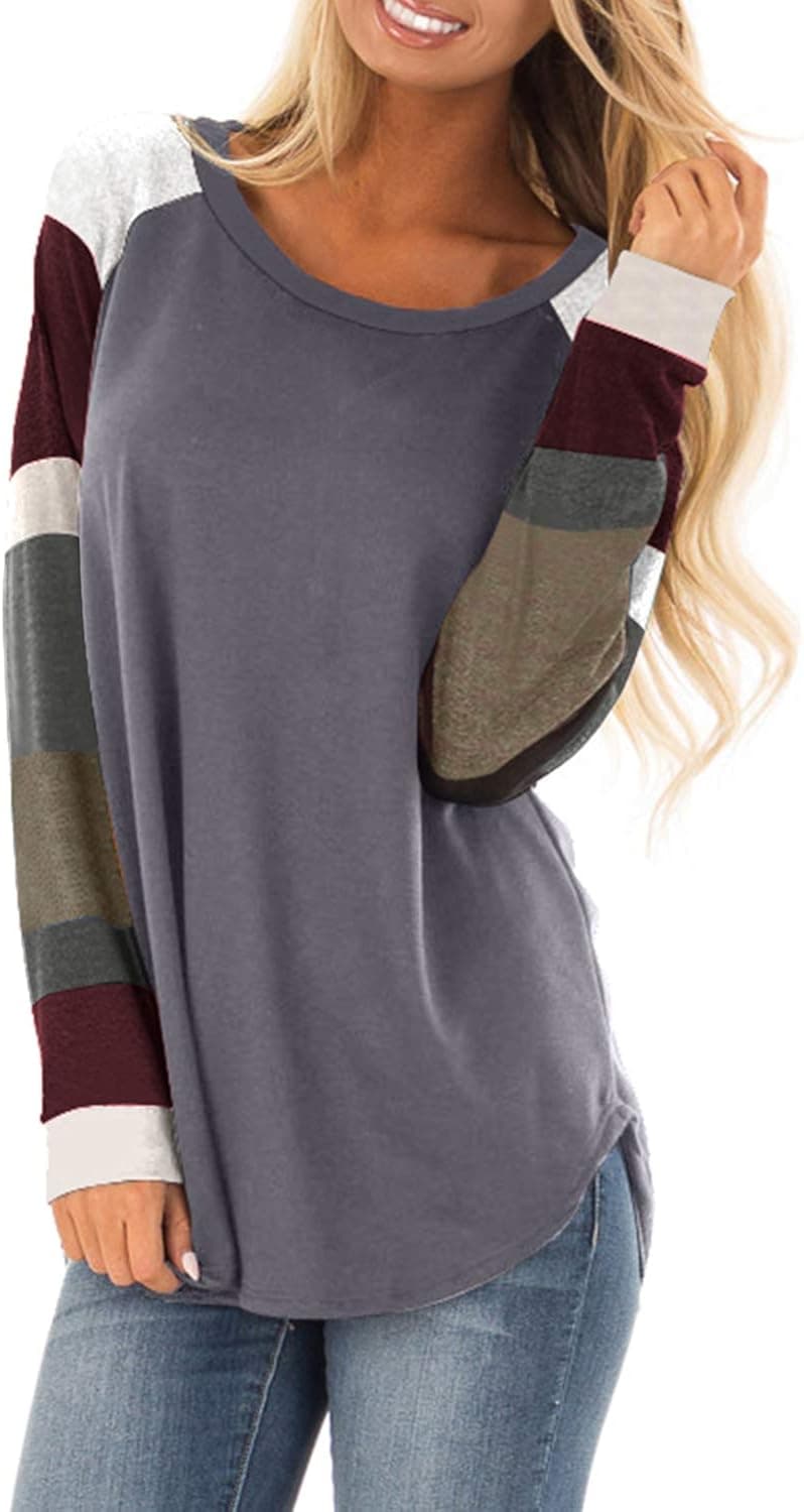 Malaven Womens Casual Color Block Long Sleeve Pullover Tops Loose Lightweight Tunic Shirt