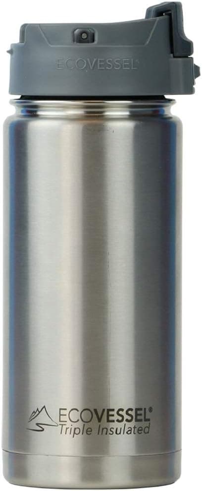 EcoVessel Perk Vacuum Insulated Coffee Tumbler and Tea Bottle, Stainless Steel Travel Infuser with Strainer and Push-Button Lid