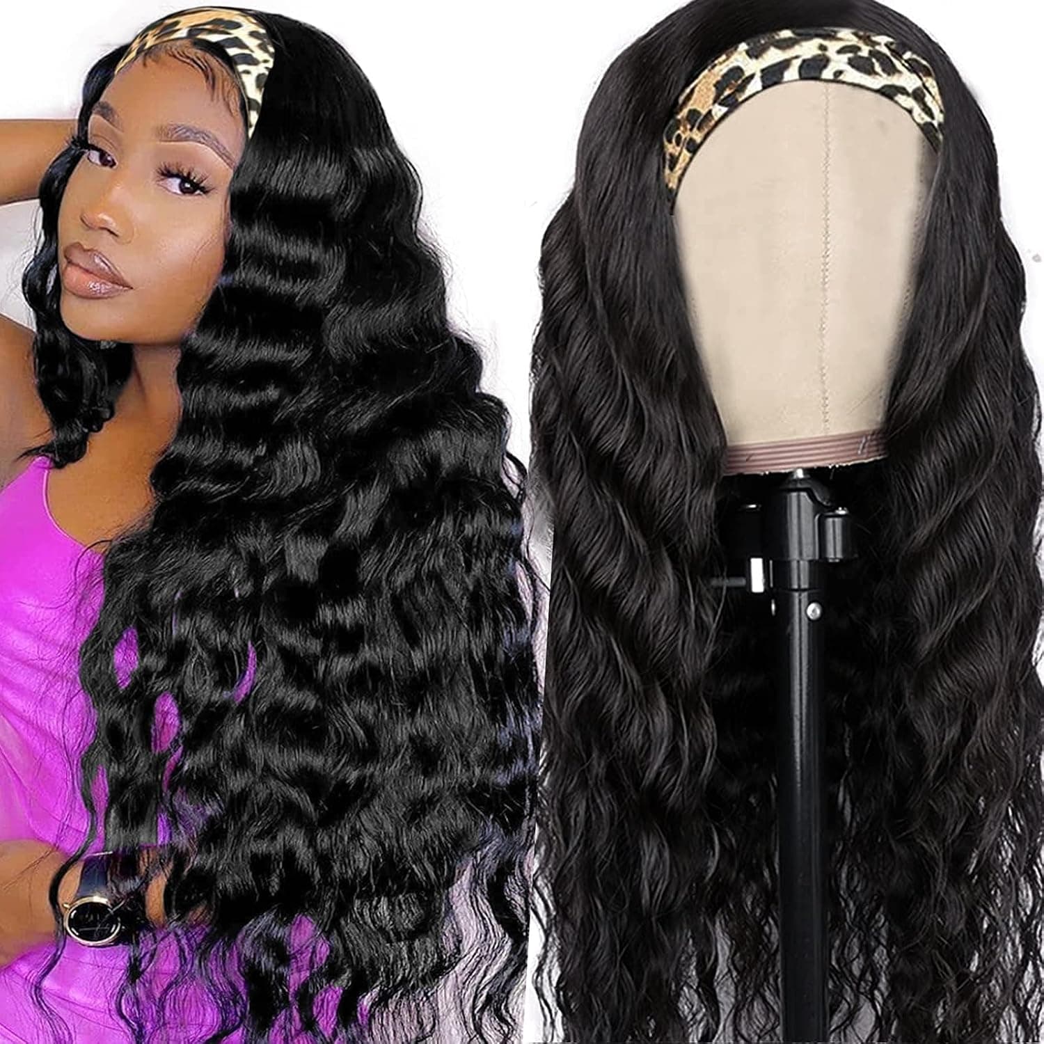 Loose Deep Wave Headband Wig Human Hair Loose Deep Wave None Lace Front Wig Brazilian Remy Virgin Hair Machine Made Headband Wig for Black Women 16 Inch 150% Density