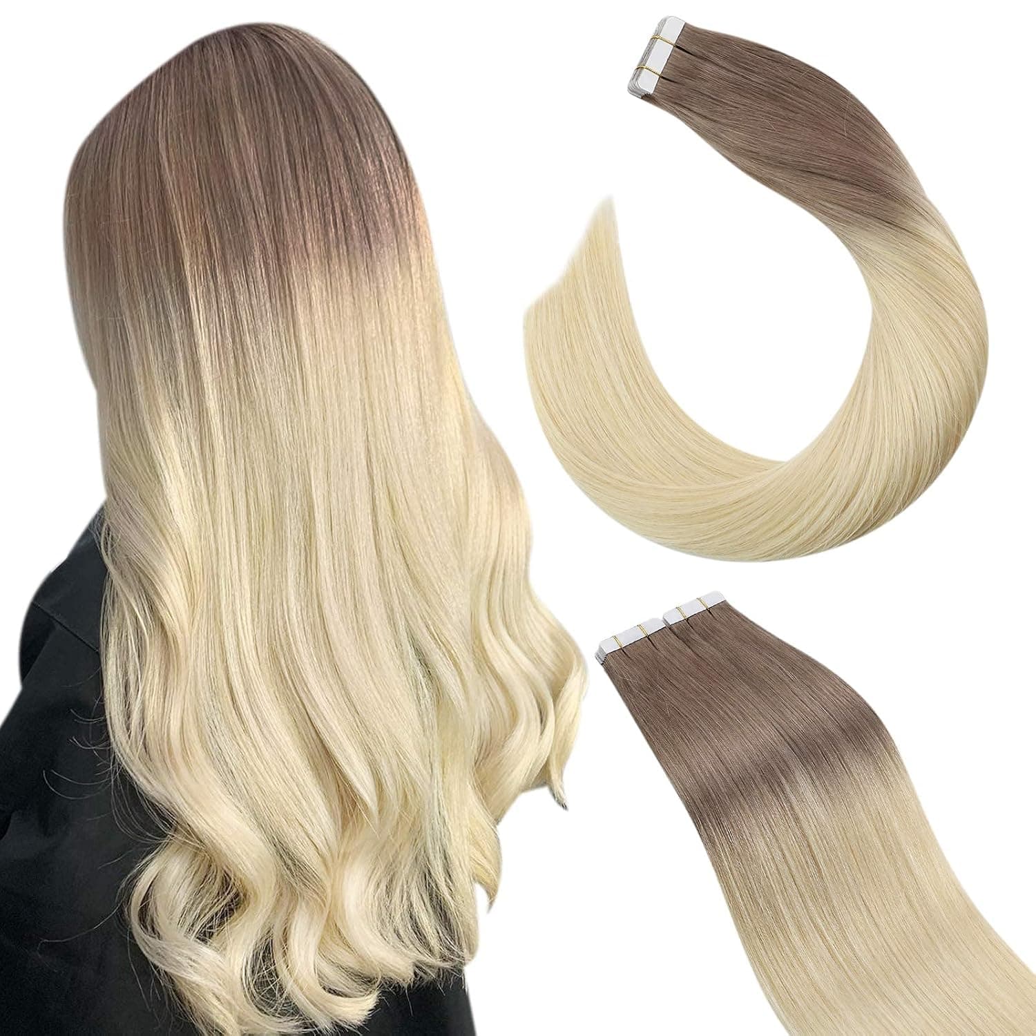 Ugeat Tape in Hair Extensions Real Human Hair 24 inch 100% Remy Human Hair Extensions Tape in Ombre Dark Blonde to Platinum Blonde Tape in Invisible Human Hair Extensions 20Pieces/50Grams