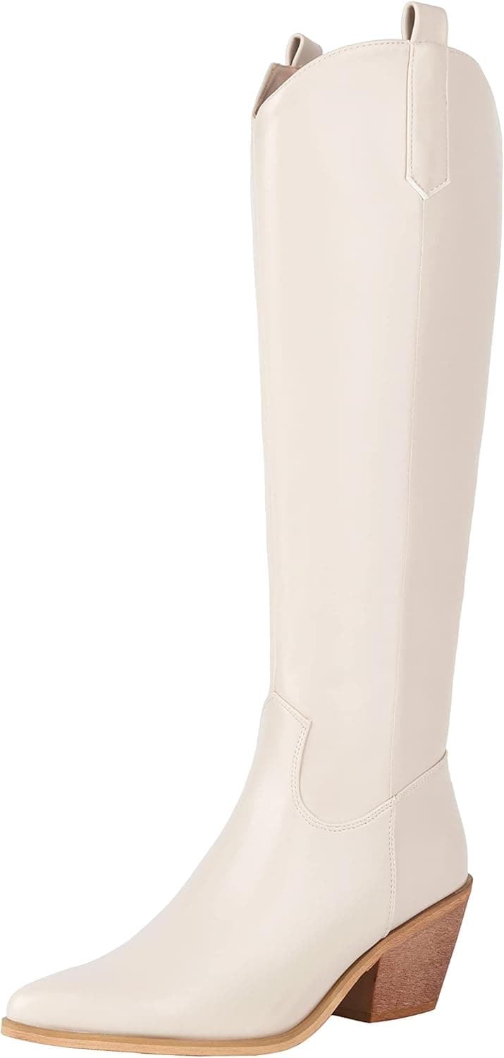 Reitoye Cowboy Boots for Women Embroidery Western Cowgirl Knee High Chunky Heel Boots with Pull-Up Tabs