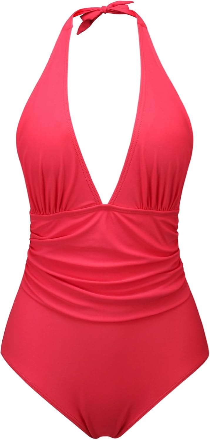zeraca Women's Shirred Detail Plunge Deep V Neck Halter One Piece Swimsuit Bathing Suit