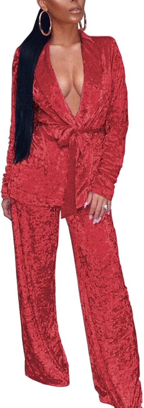 Long Sleeve Two Piece Set Velvet Housecoat Dressing Gown with Belt Red