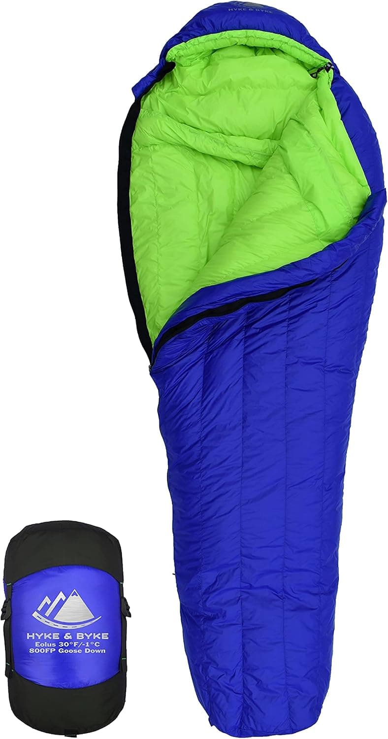 Hyke & Byke Eolus 30 F Hiking & Backpacking Sleeping Bag - 3 Season, 800FP Goose Down Sleeping Bag - Ultralight - Blue/Lime Green - 87in - Long