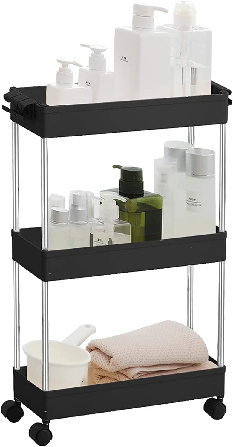 ArderLive 3 Tier Slim Storage Cart，Storage Racks with Wheels Rolling Storage Cart Mobile Shelving Unit Organizer Slide Out for Bedrooms,Kitchen,Narrow Places (Black, Slim,3Tier)