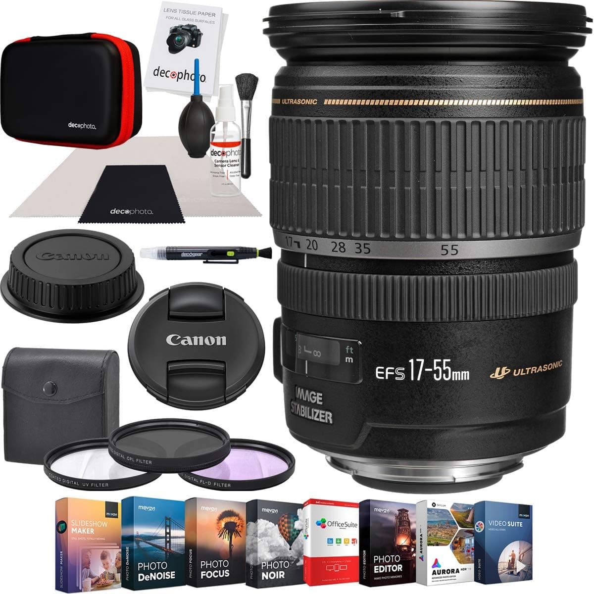 Canon EF-S 17-55mm f/2.8 is USM Lens 1242B002 Wide Angle Zoom for Canon DSLR Cameras Premium Accessory Set with Multicoated Filter Kit + Photo Video Editing Software Suite Bundle