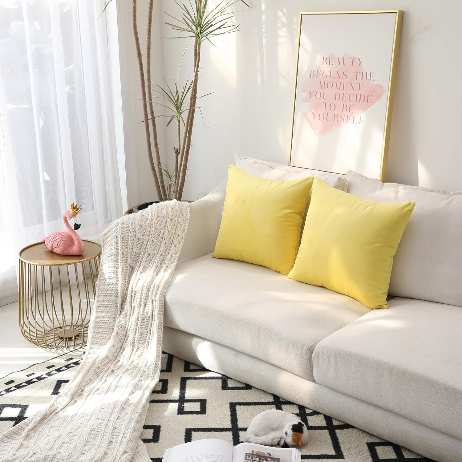 Kevin Textile Luxurious Solid Shiny Short Plush Velvet Decorative Throw Pillowcase Cushion Cover, 2 Pc, 18x18inch, Meadowlark Yellow