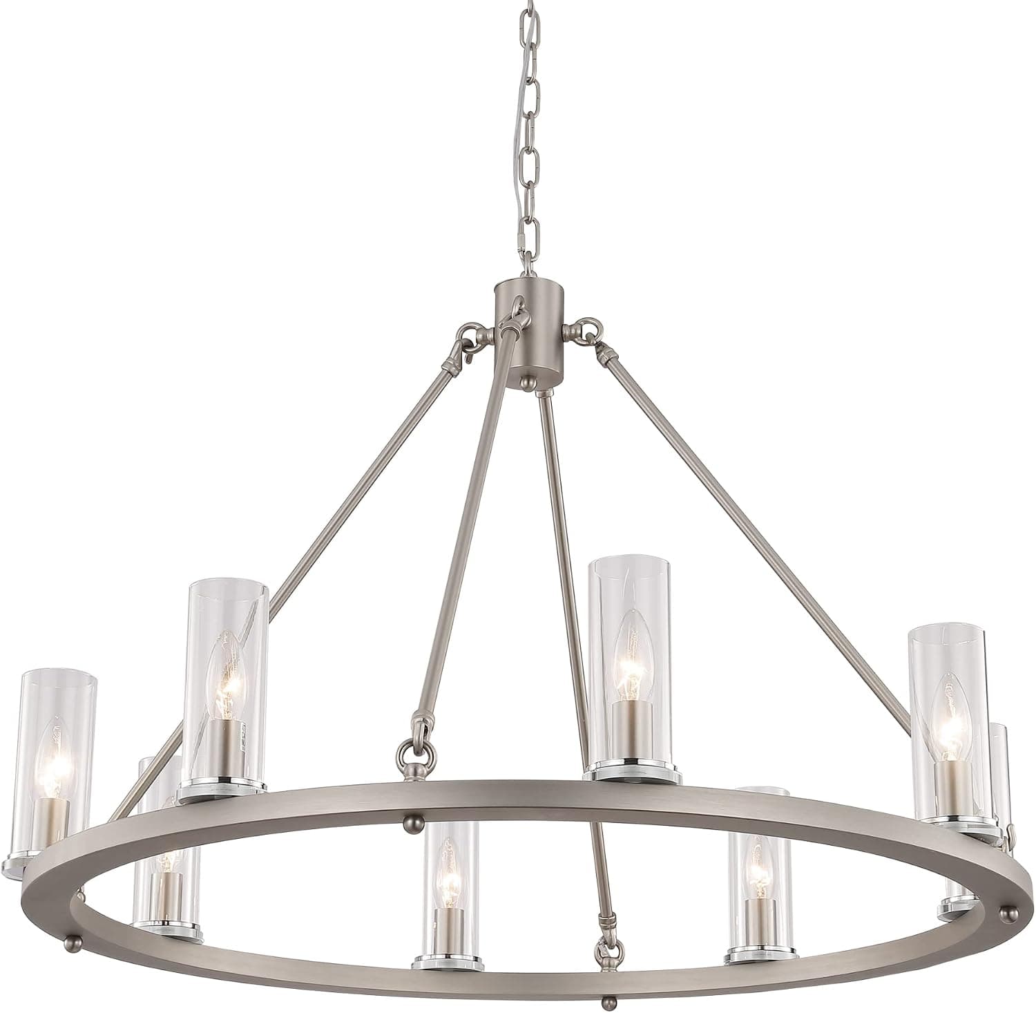 Artroee Rustic Wagon Wheel Chandelier Nickel Industrial Vintage Round Iron Rod Chandeliers Farmhouse with Glass Shade 8-Light W31 Pendant Light Fixture for Kitchen Island Dining Room Foyer