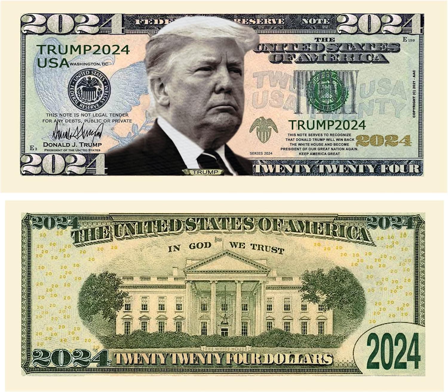 Donald Trump 2024 Re-Election Limited Edition Novelty Dollar Bill - Pack of 25 - Full Color Front & Back Printing with Great Detail. Make American Great Again.