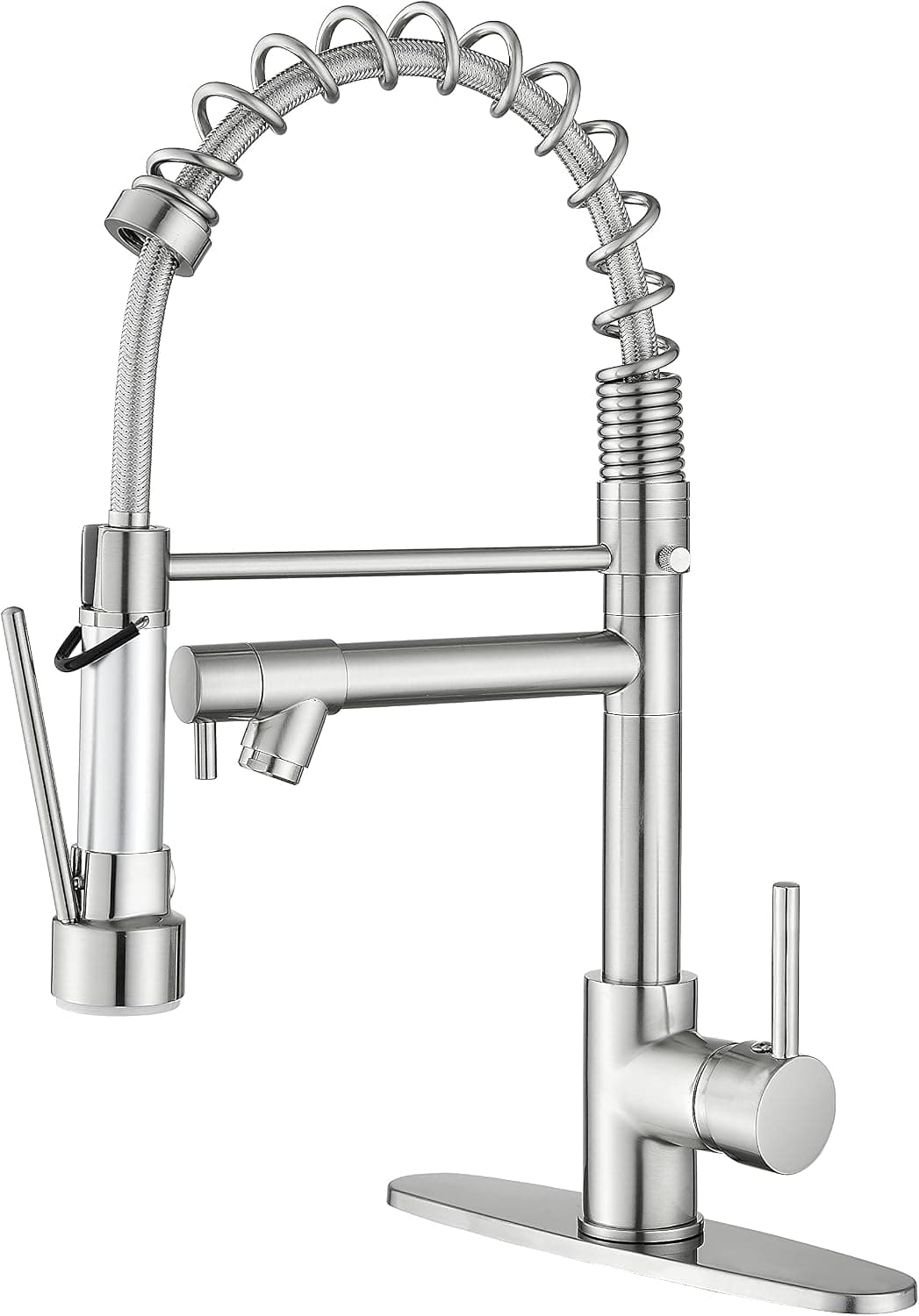 BASDEHEN Faucet Kitchen Sink with Sprayer Brushed Nickel Bifunctional Spring Commercial Kitchen Sink Faucets Solid Brass with 10 Inch Mounting Table 1 Hole Or 3 Hole Compatible…
