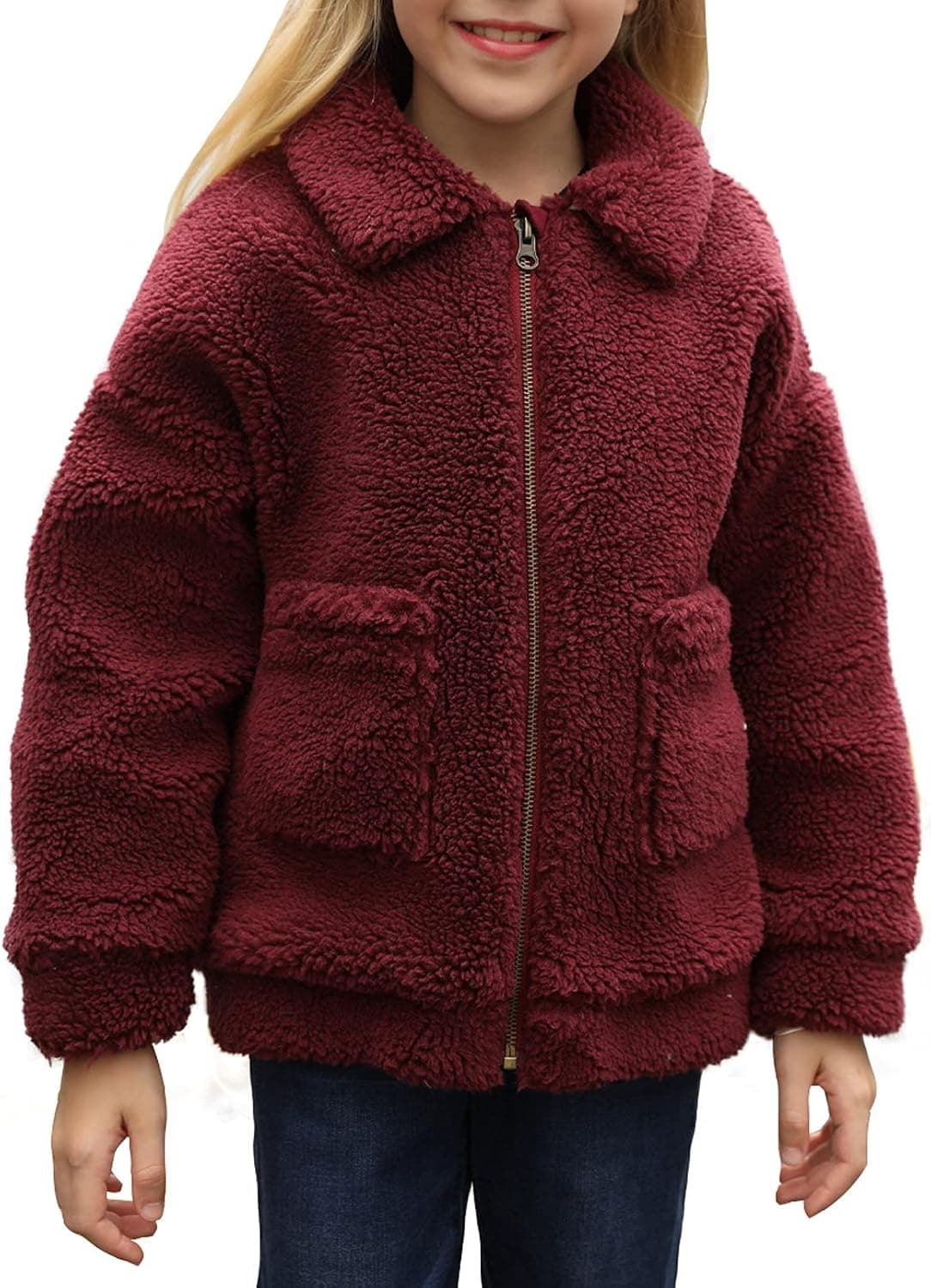 Sidefeel Girl's Soft Lapel Fleece Zip Up Faux Shearling Fluffy Cropped Jacket Coat